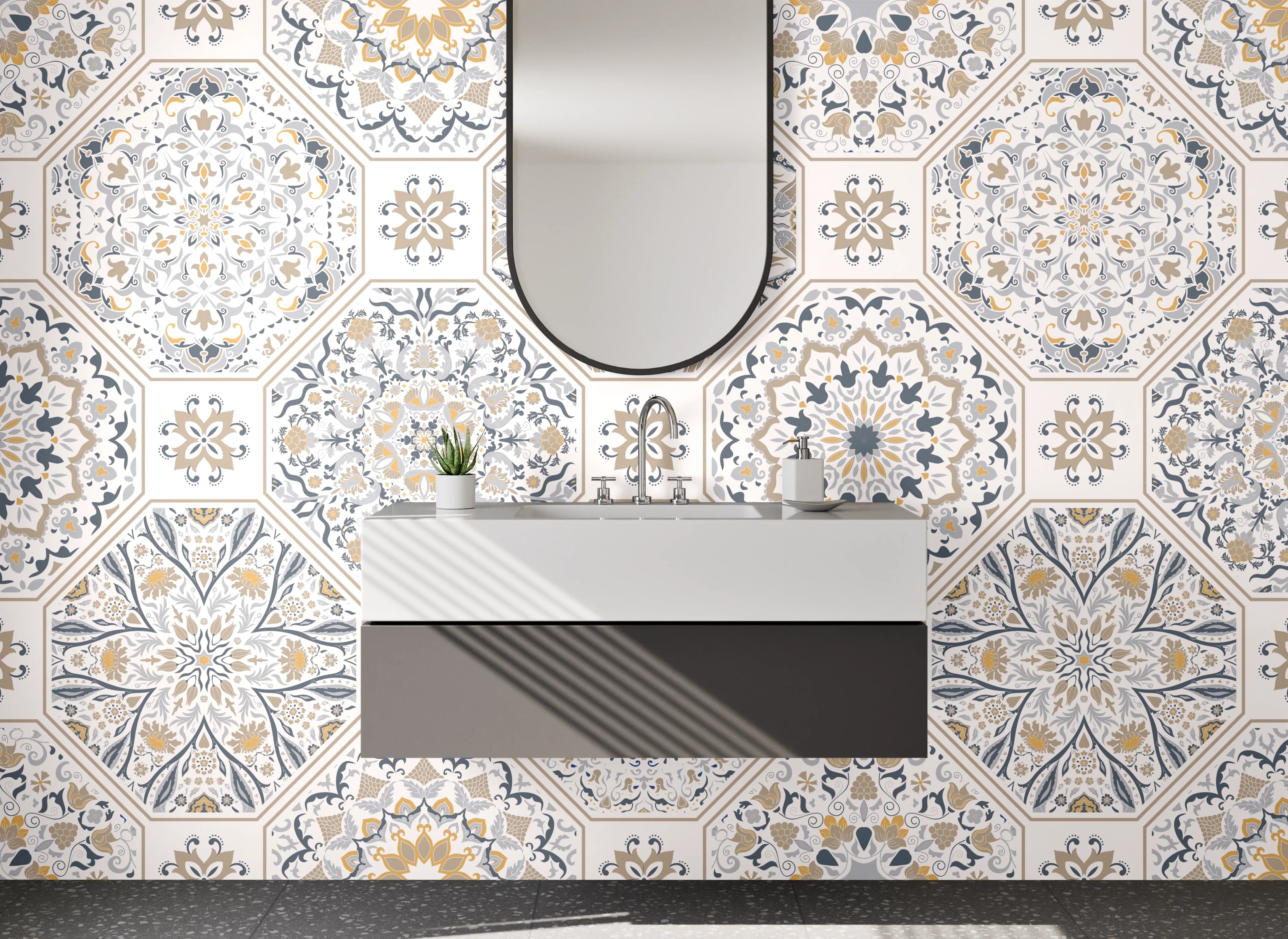 Waschbecken-Rückwand - Orientalisches Mandala Muster Fliesenoptik Weiß Grau