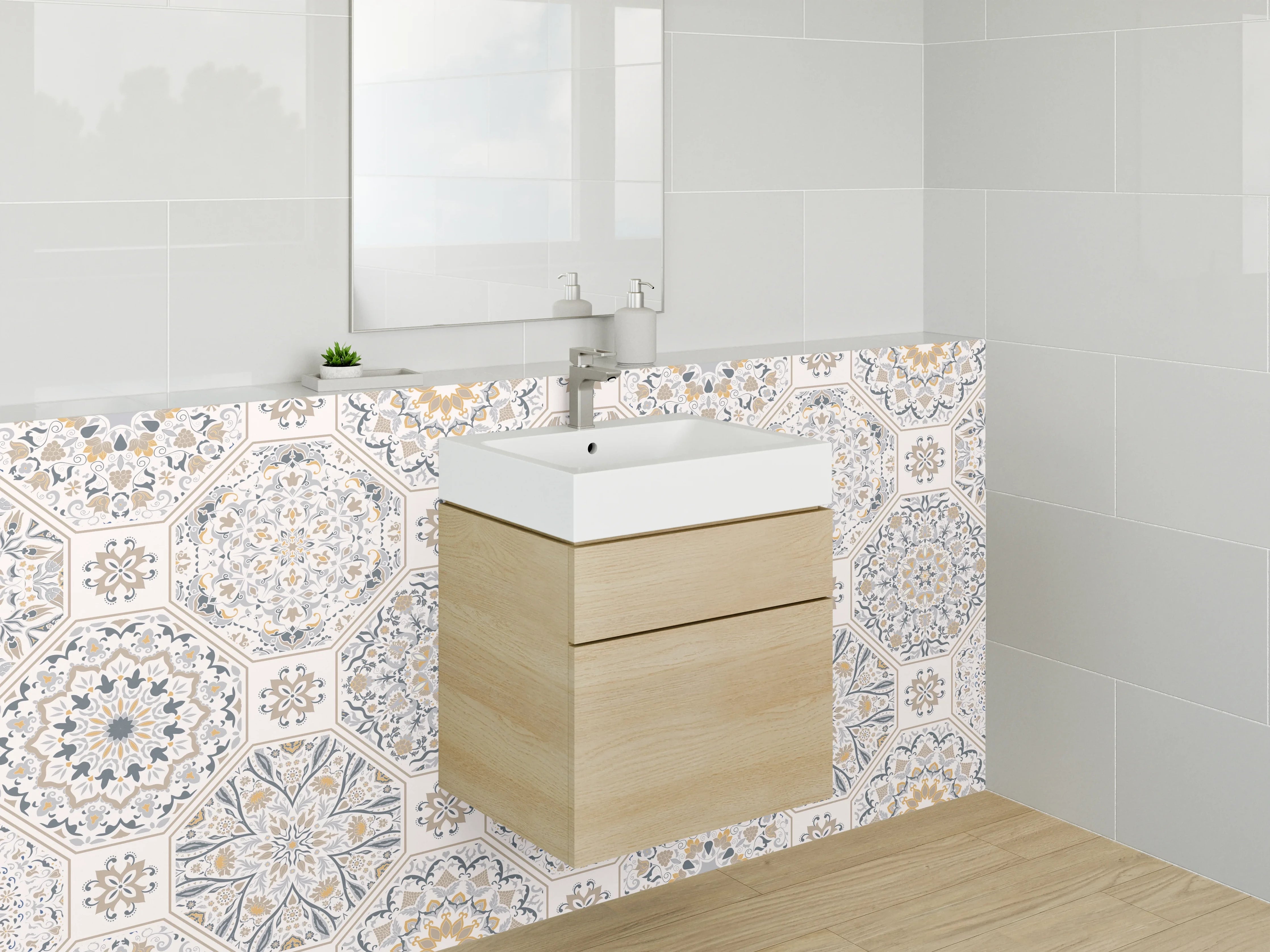 Waschbecken-Rückwand - Orientalisches Mandala Muster Fliesenoptik Weiß Grau