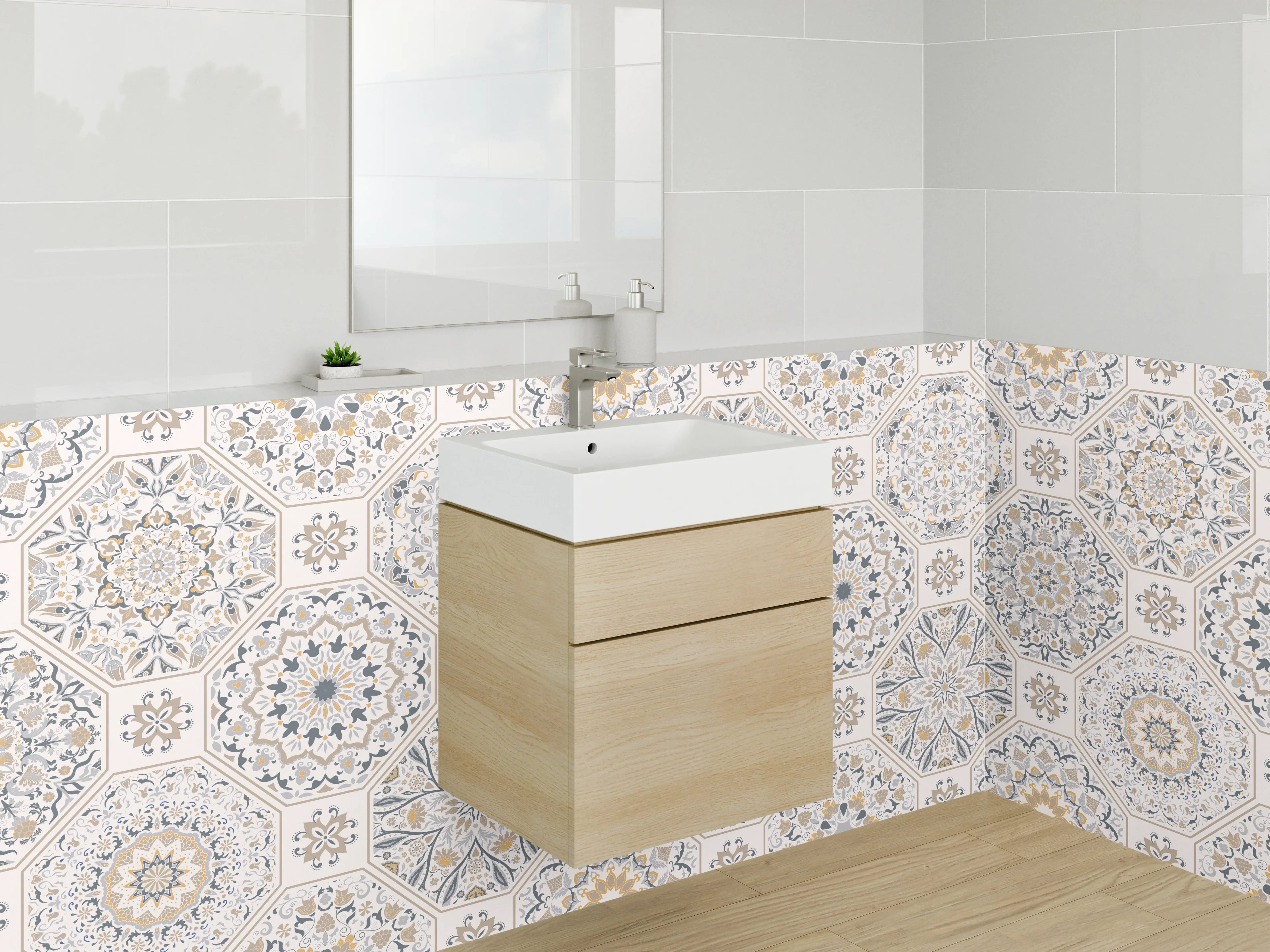 Waschbecken-Rückwand - Orientalisches Mandala Muster Fliesenoptik Weiß Grau