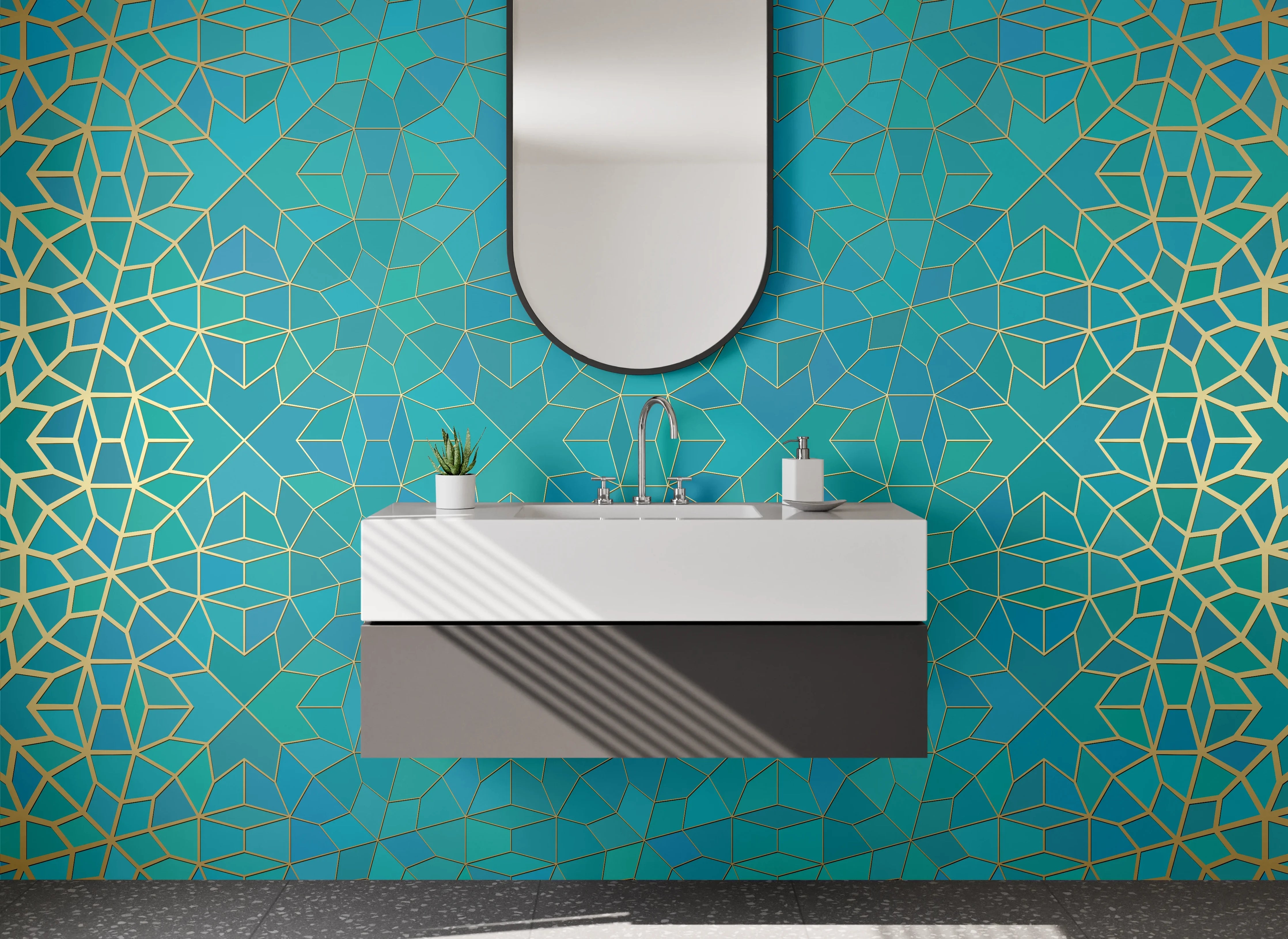 Waschbecken-Rückwand - Orientalisches Mosaik Gold Türkis Fliesenmuster