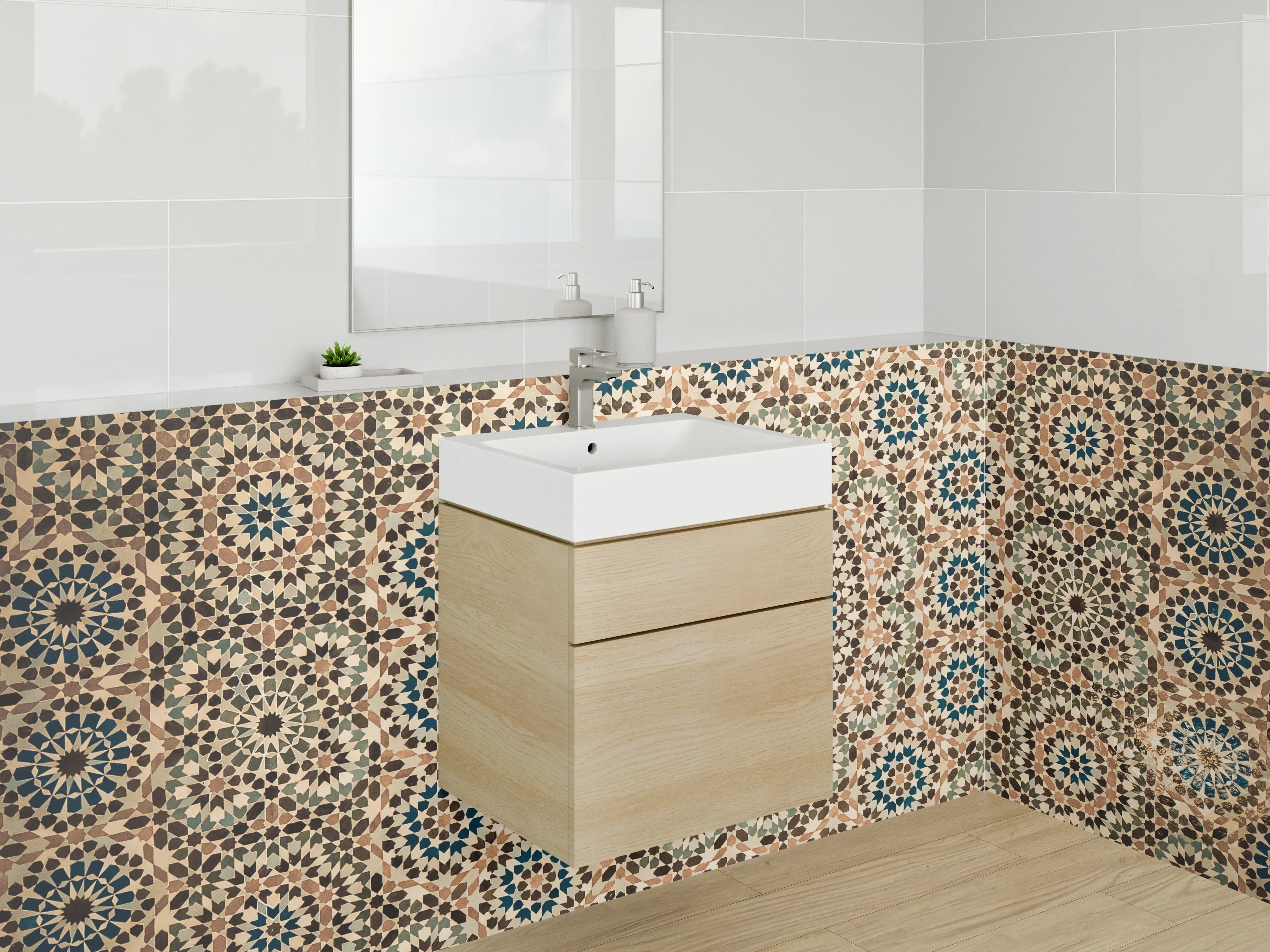 Waschbecken-Rückwand - Orientalisches Mosaik Mandala Muster Blau Beige