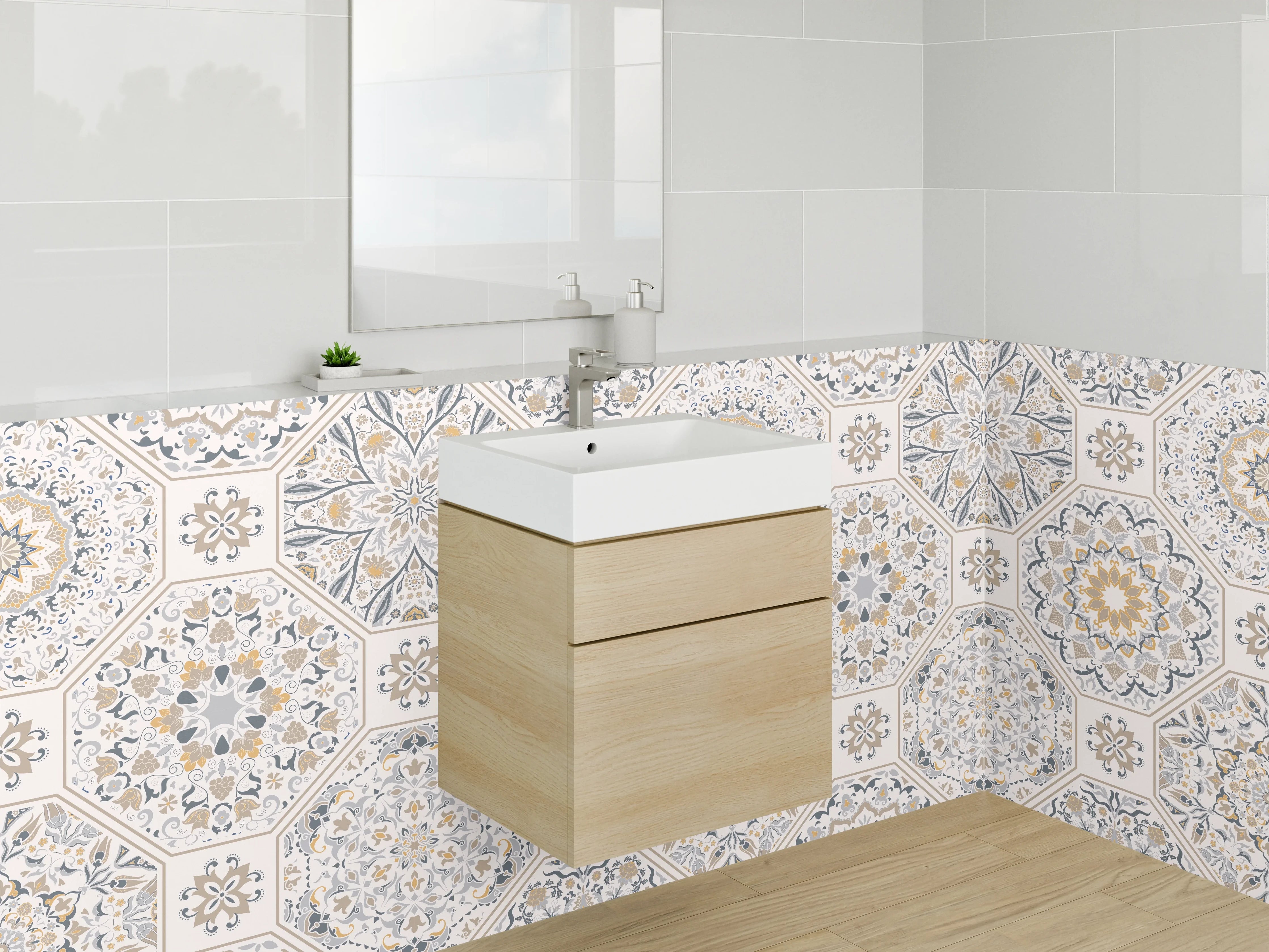 Waschbecken-Rückwand - Orientalisches Mosaik Muster Beige Grau