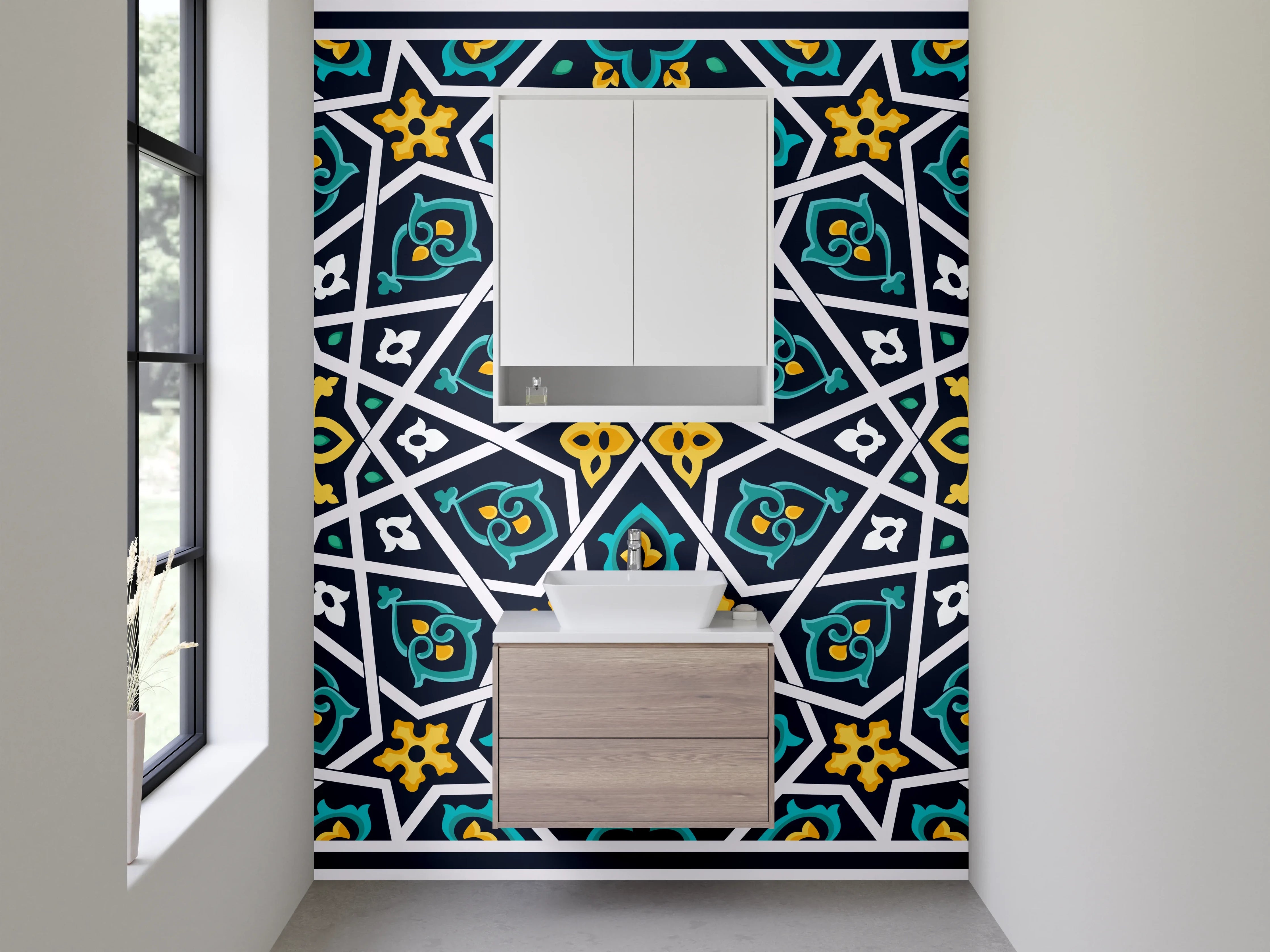 Waschbecken-Rückwand - Orientalisches Mosaik Muster Blau Gelb