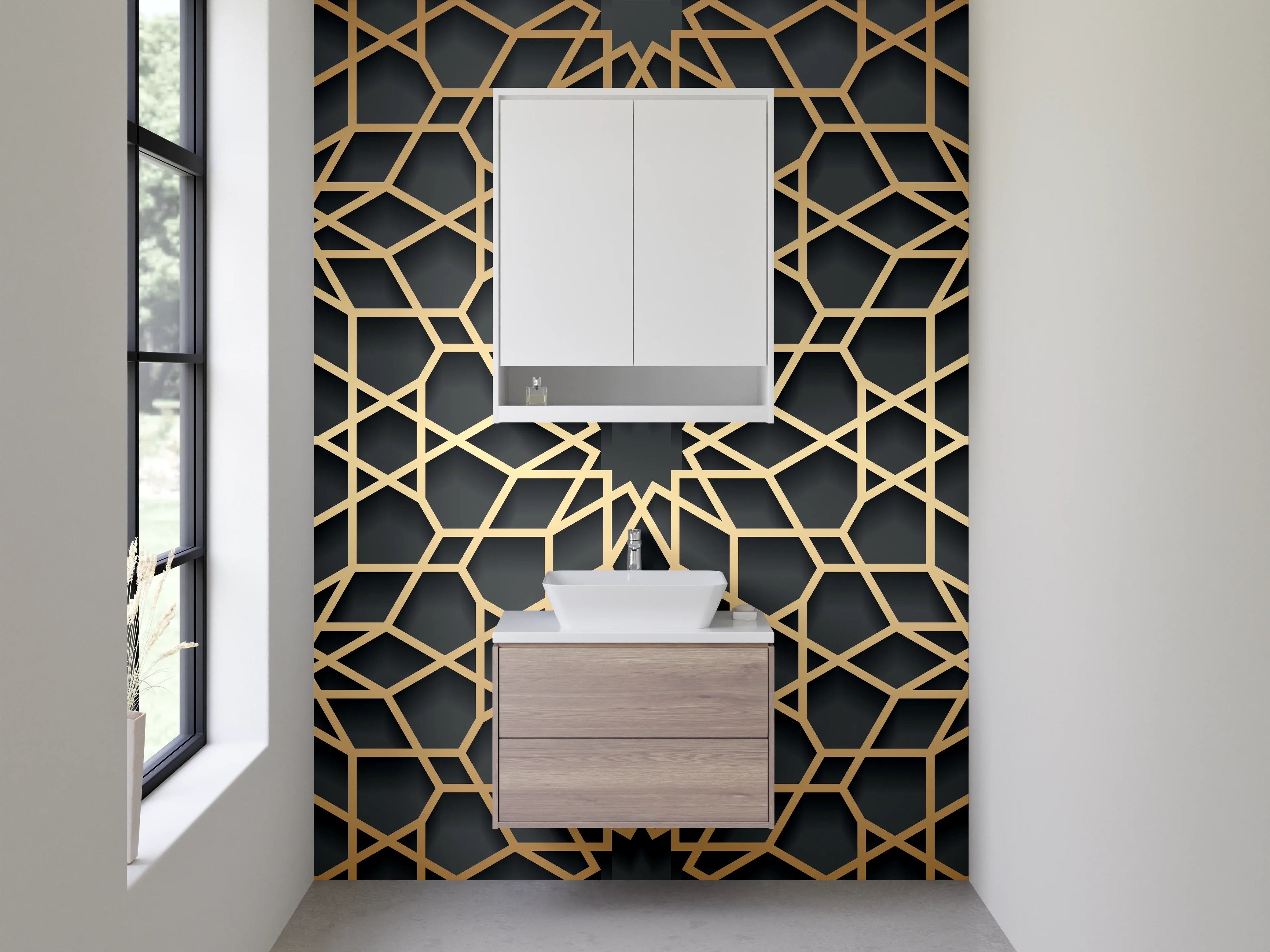 Waschbecken-Rückwand - Orientalisches Mosaik Muster Gold Schwarz