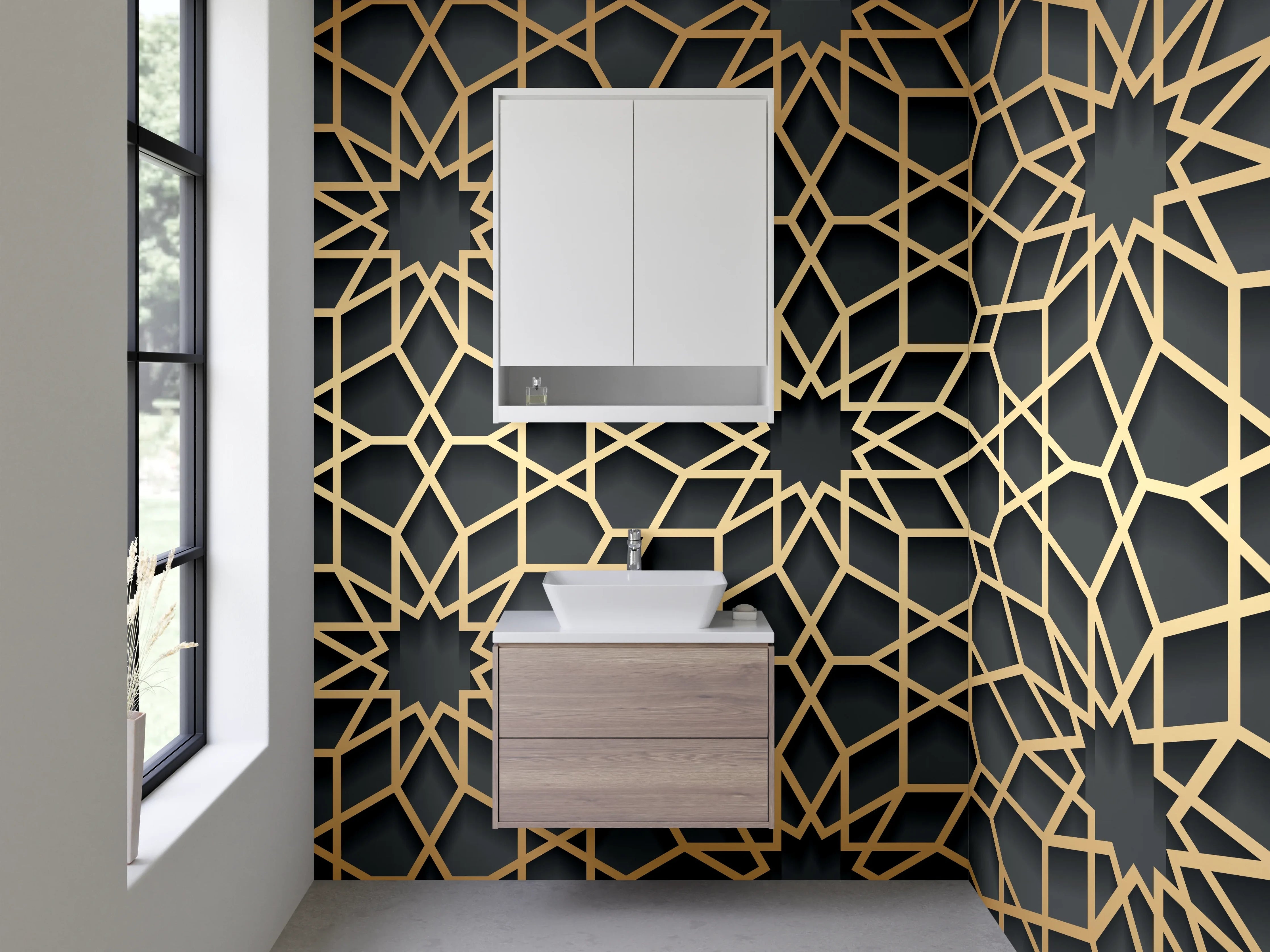 Waschbecken-Rückwand - Orientalisches Mosaik Muster Gold Schwarz