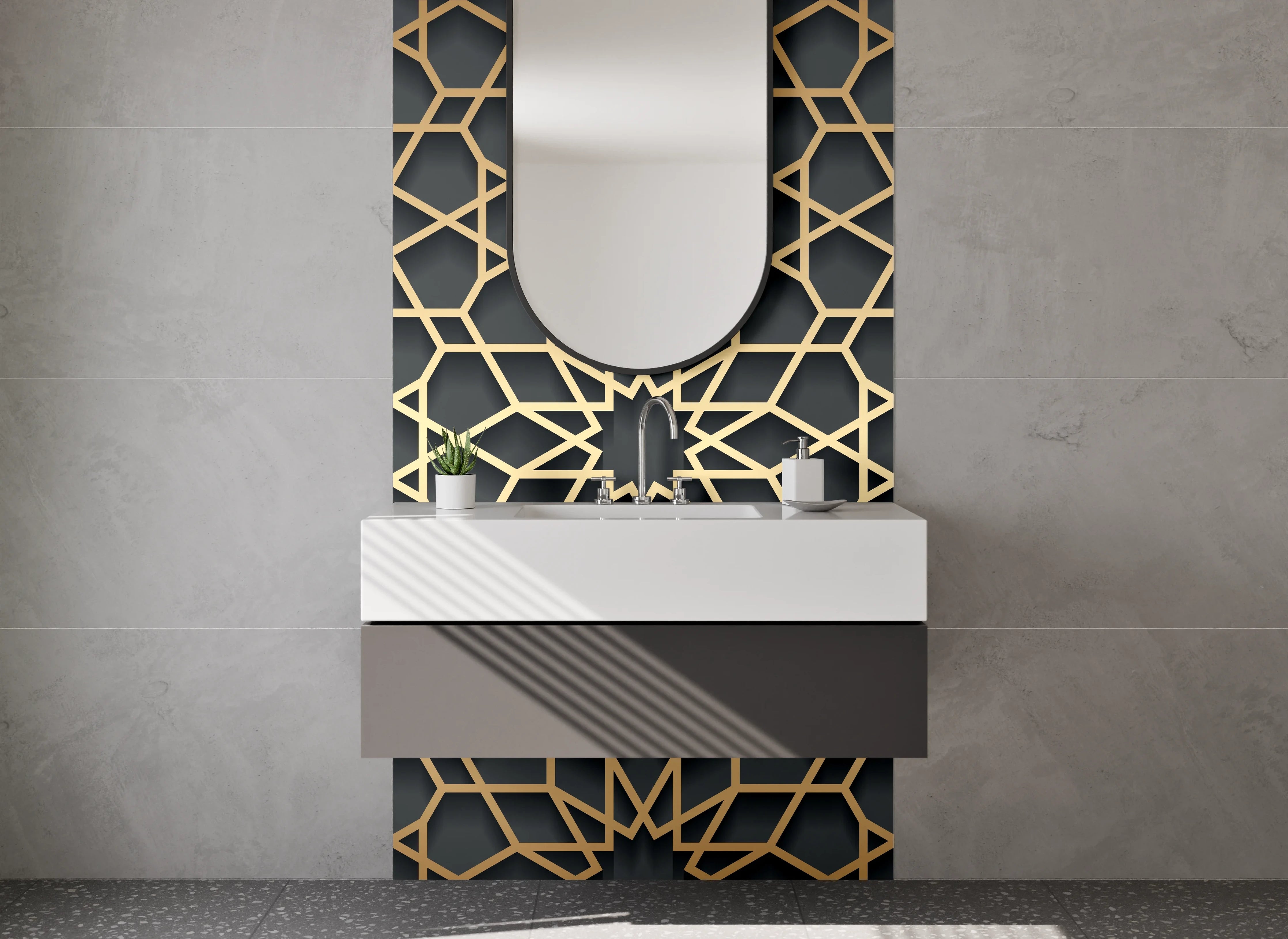 Waschbecken-Rückwand - Orientalisches Mosaik Muster Gold Schwarz