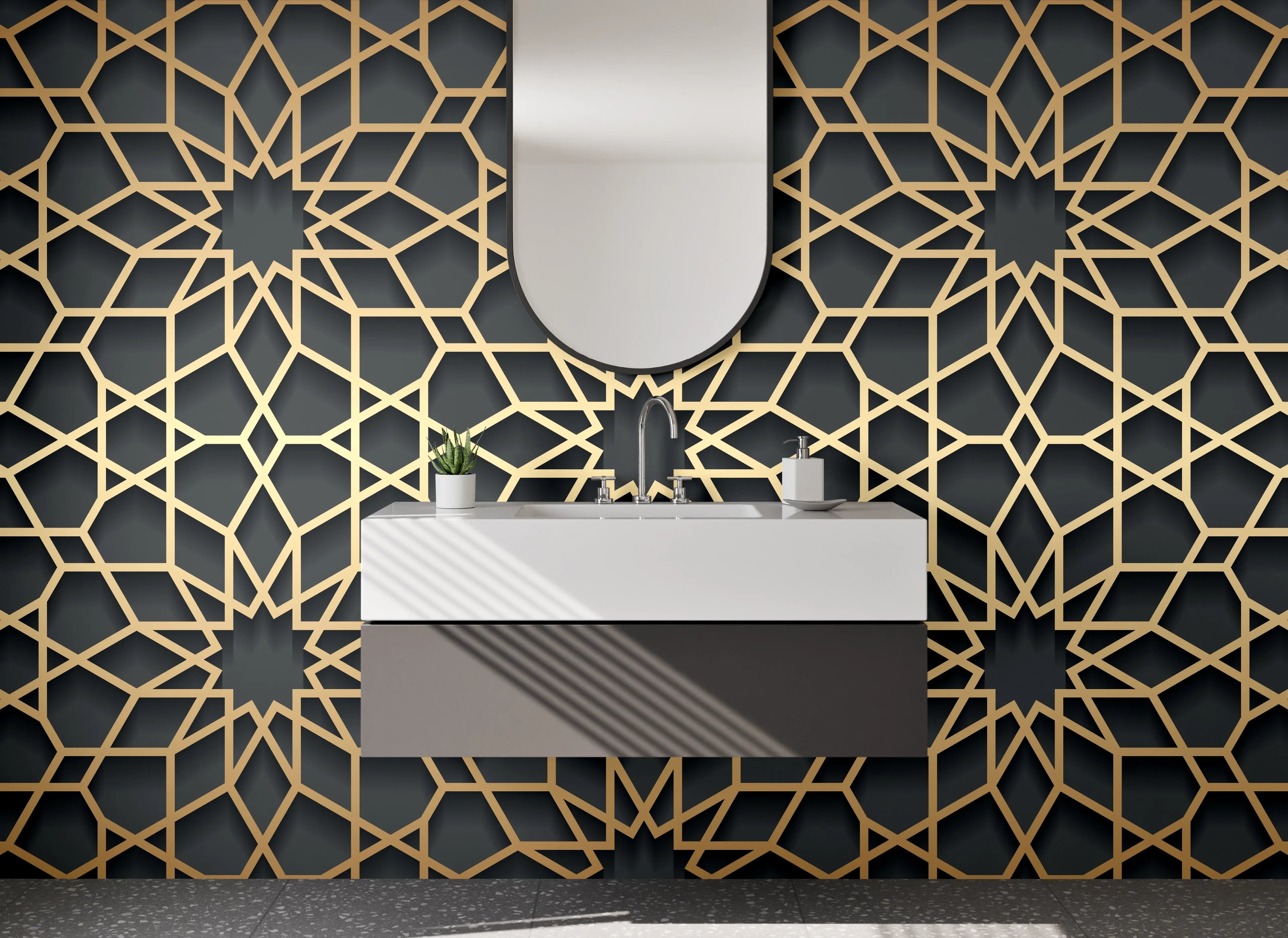 Waschbecken-Rückwand - Orientalisches Mosaik Muster Gold Schwarz