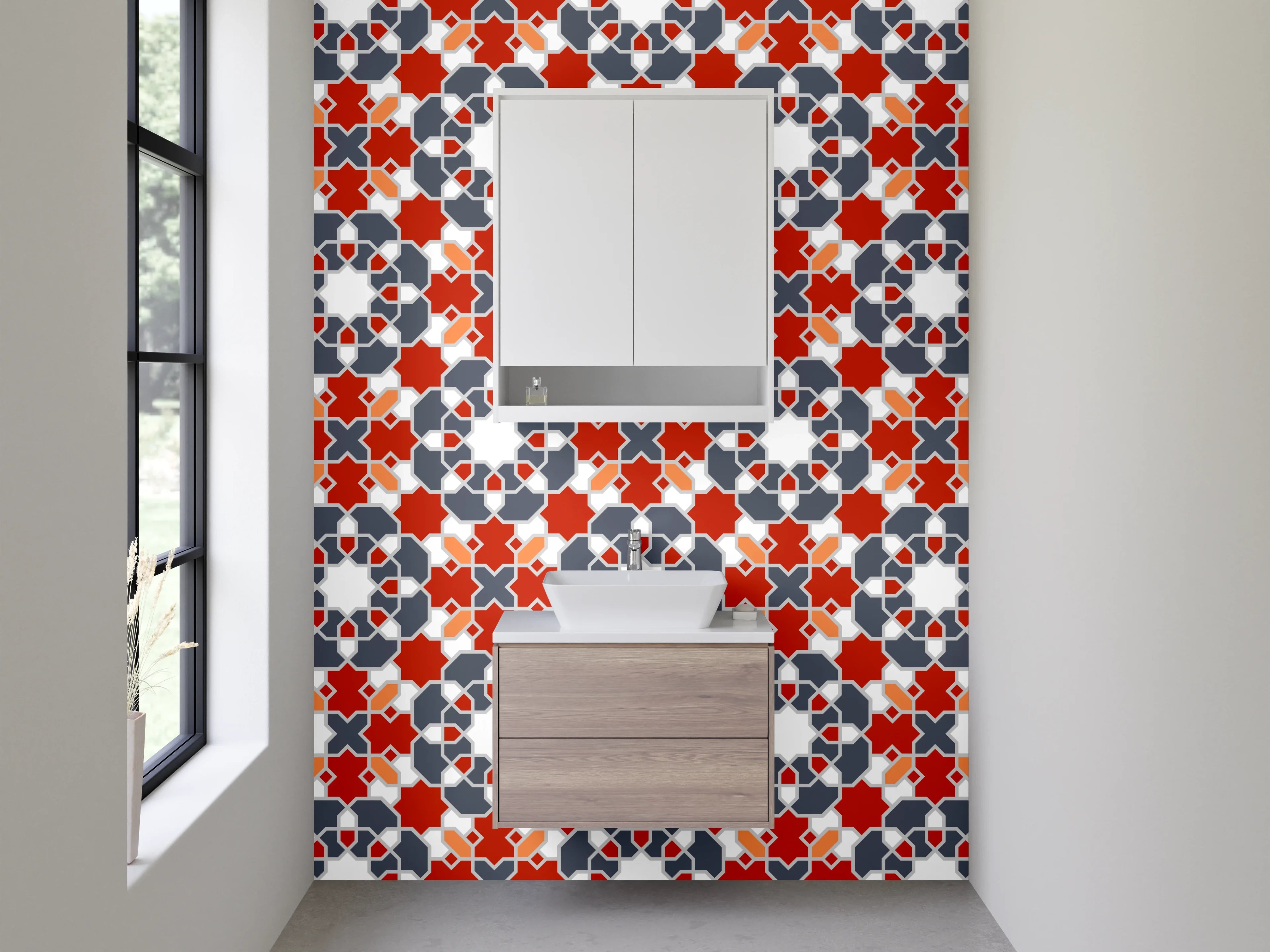 Waschbecken-Rückwand - Orientalisches Mosaik Rot Weiß Grau