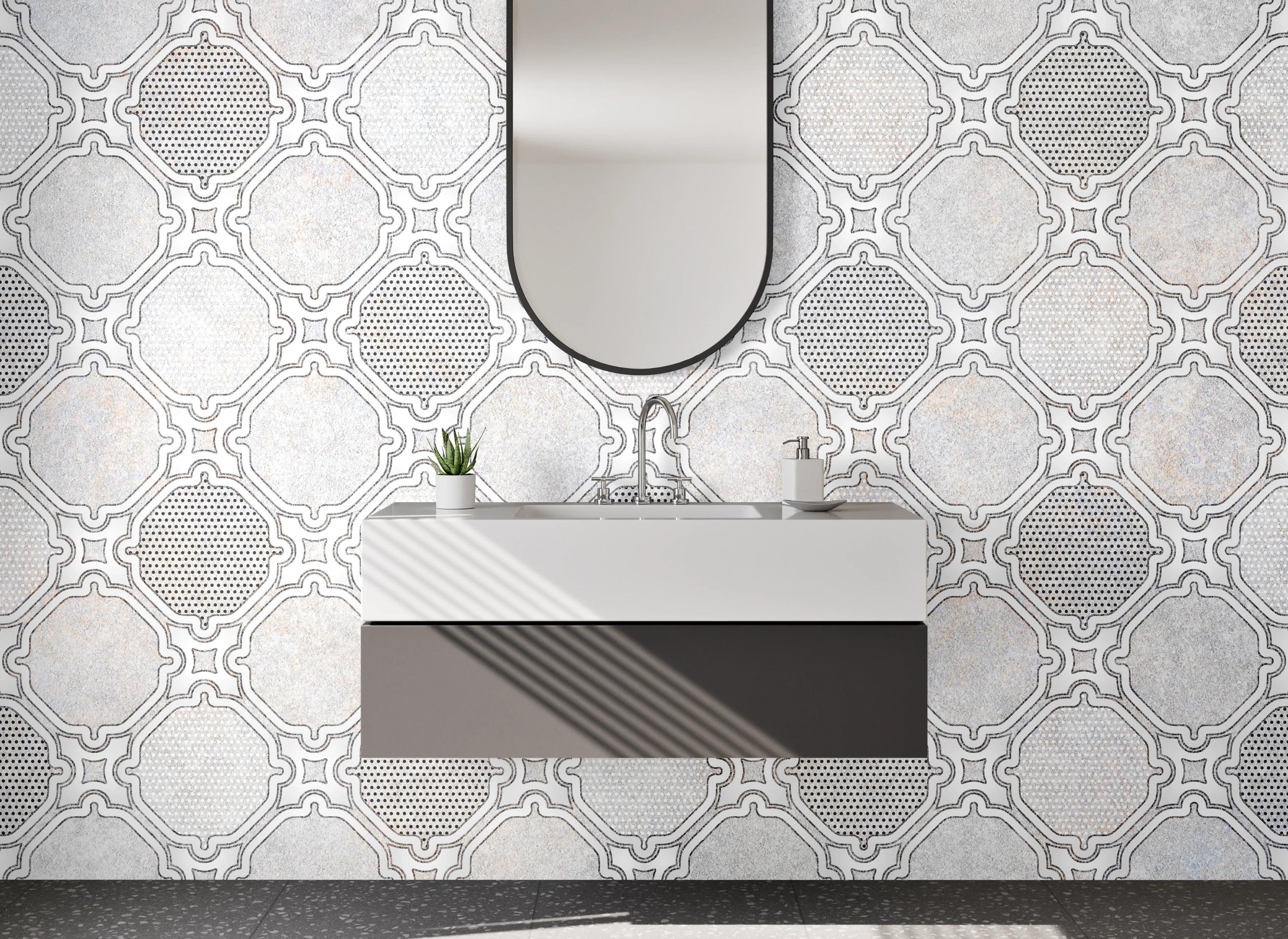 Waschbecken-Rückwand - Orientalisches Mosaik in Weiß und Grau