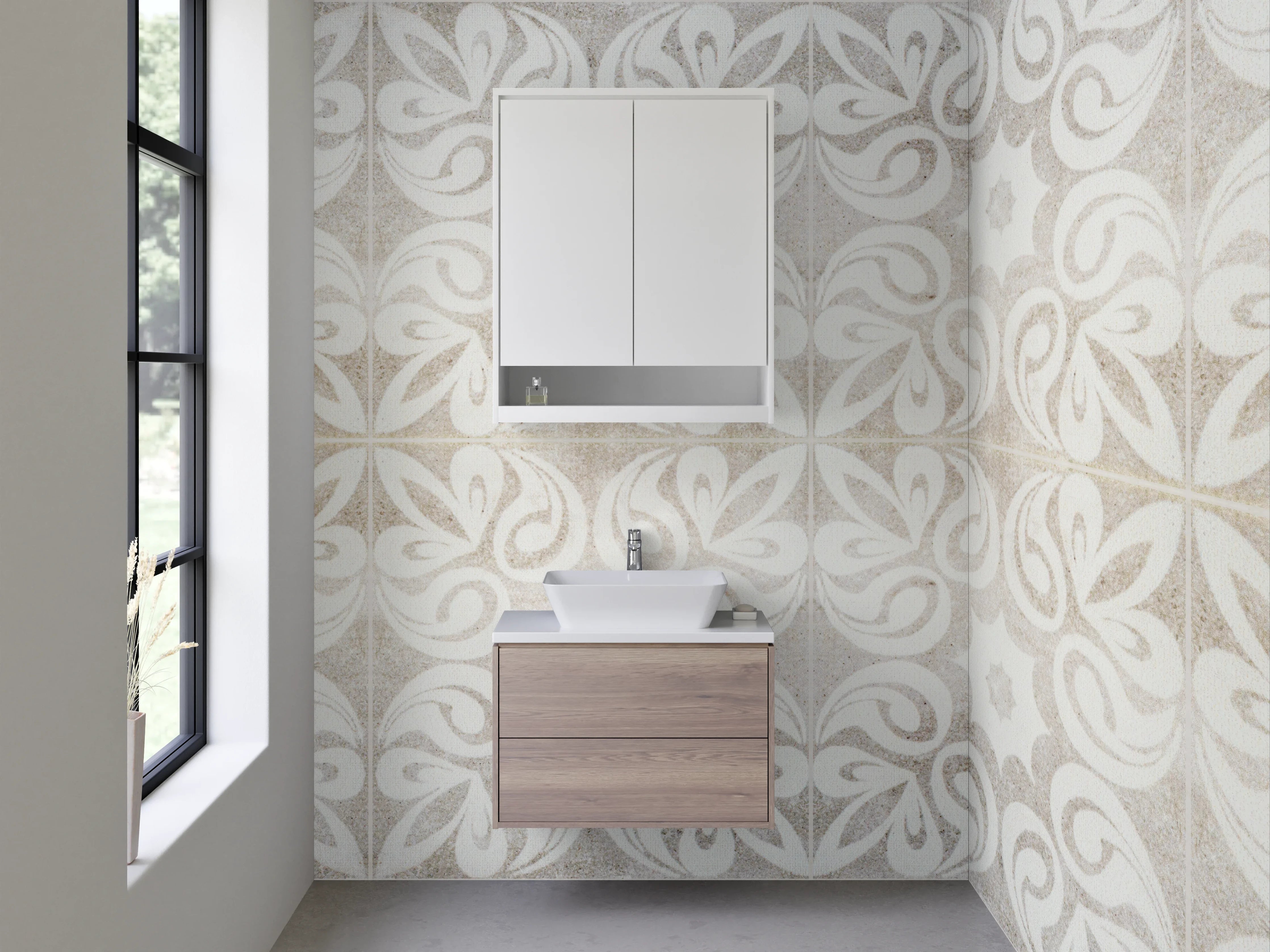 Waschbecken-Rückwand - Orientalisches Paisley-Muster Weiß Grau