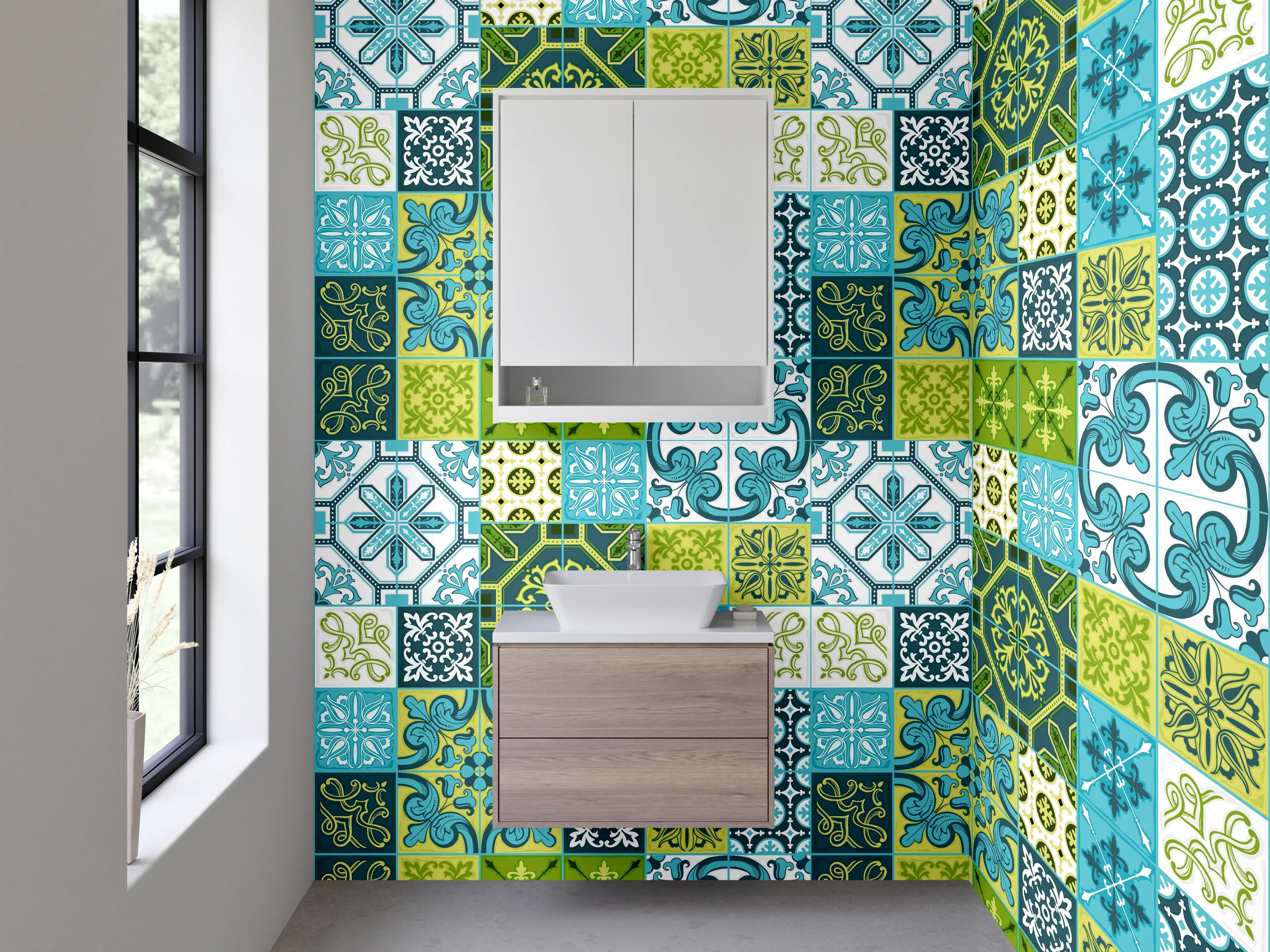 Waschbecken-Rückwand - Orientalisches Patchwork Fliesenmuster Blau Grün