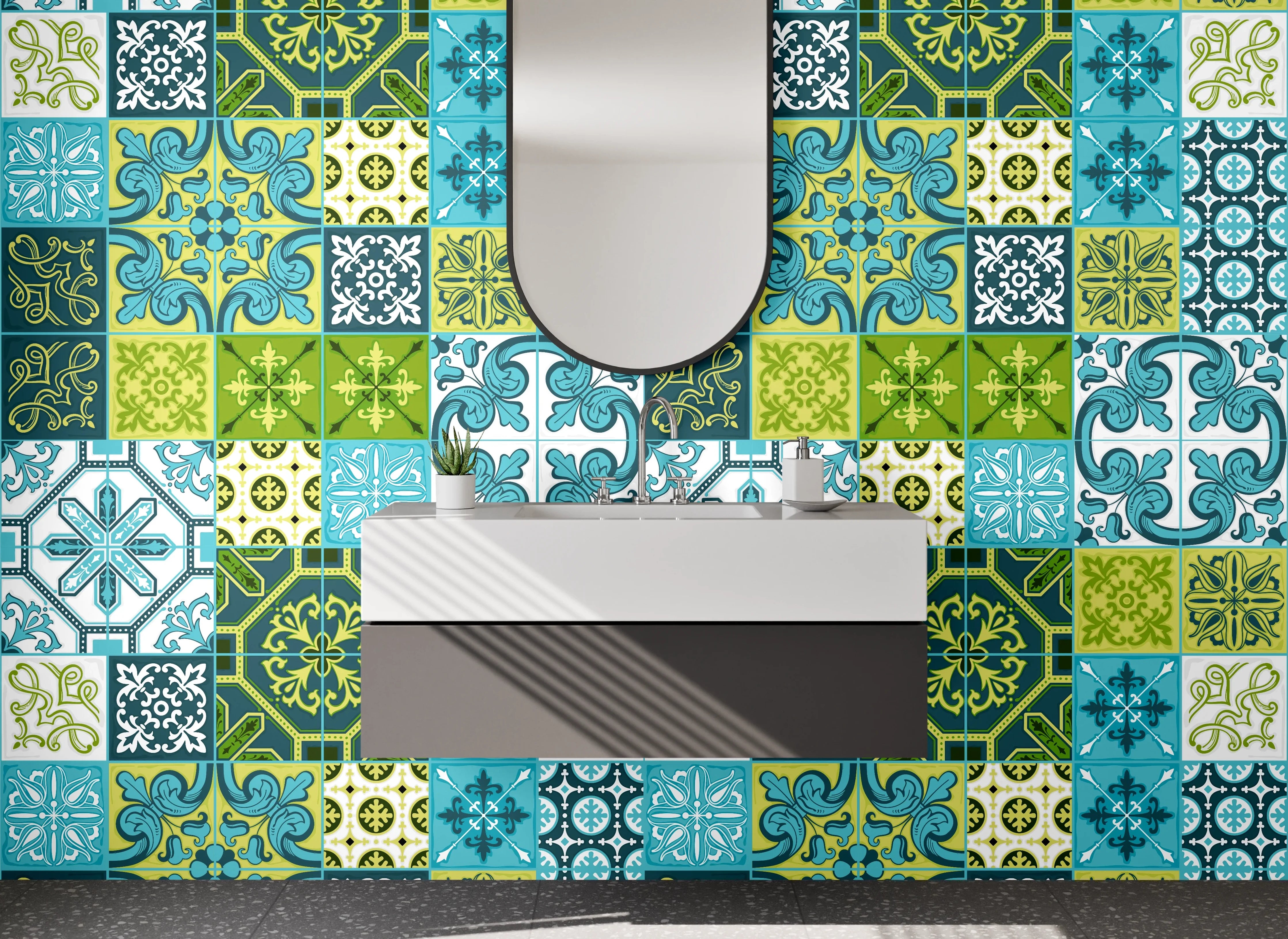 Waschbecken-Rückwand - Orientalisches Patchwork Fliesenmuster Blau Grün