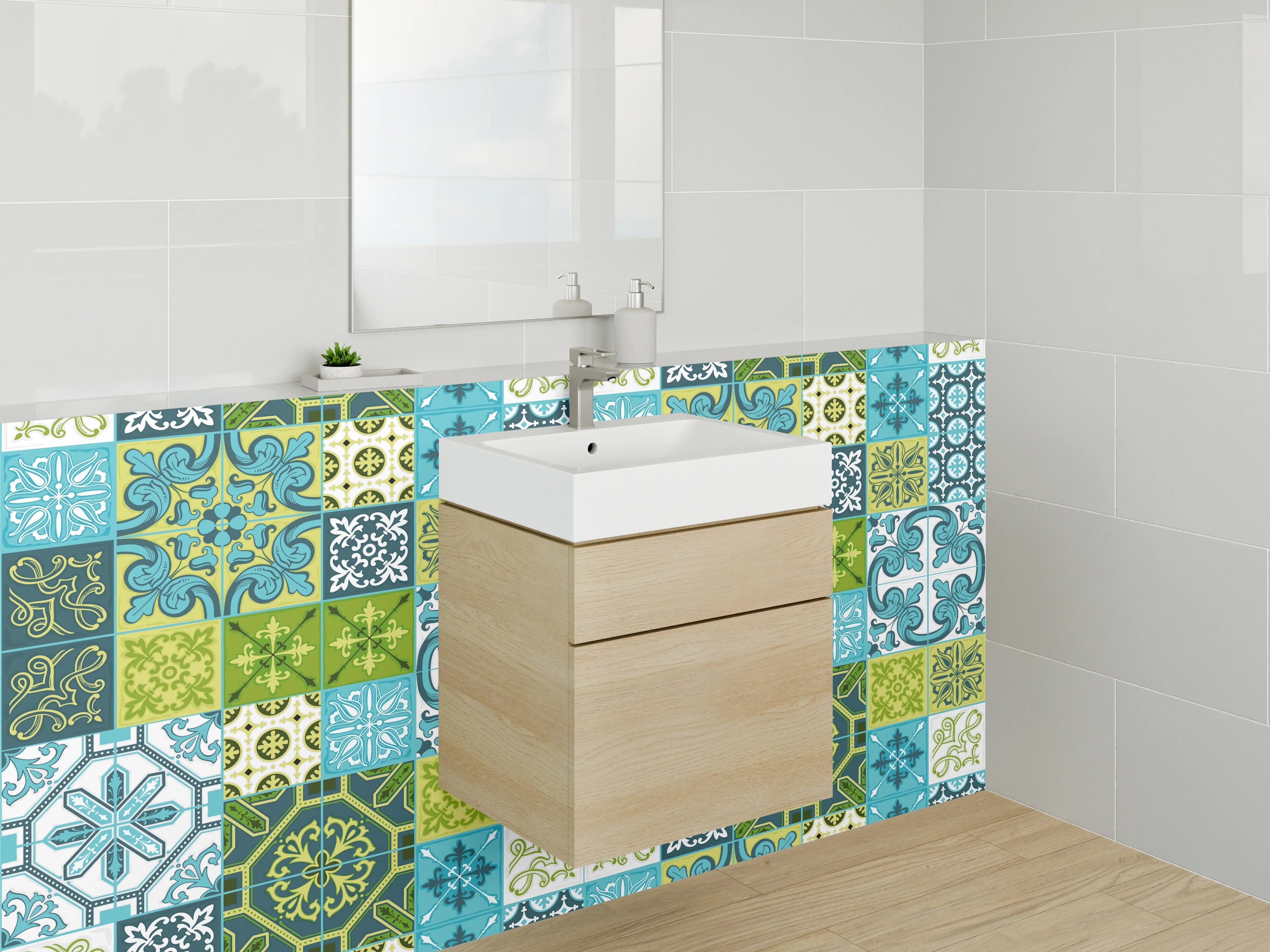 Waschbecken-Rückwand - Orientalisches Patchwork Fliesenmuster Blau Grün