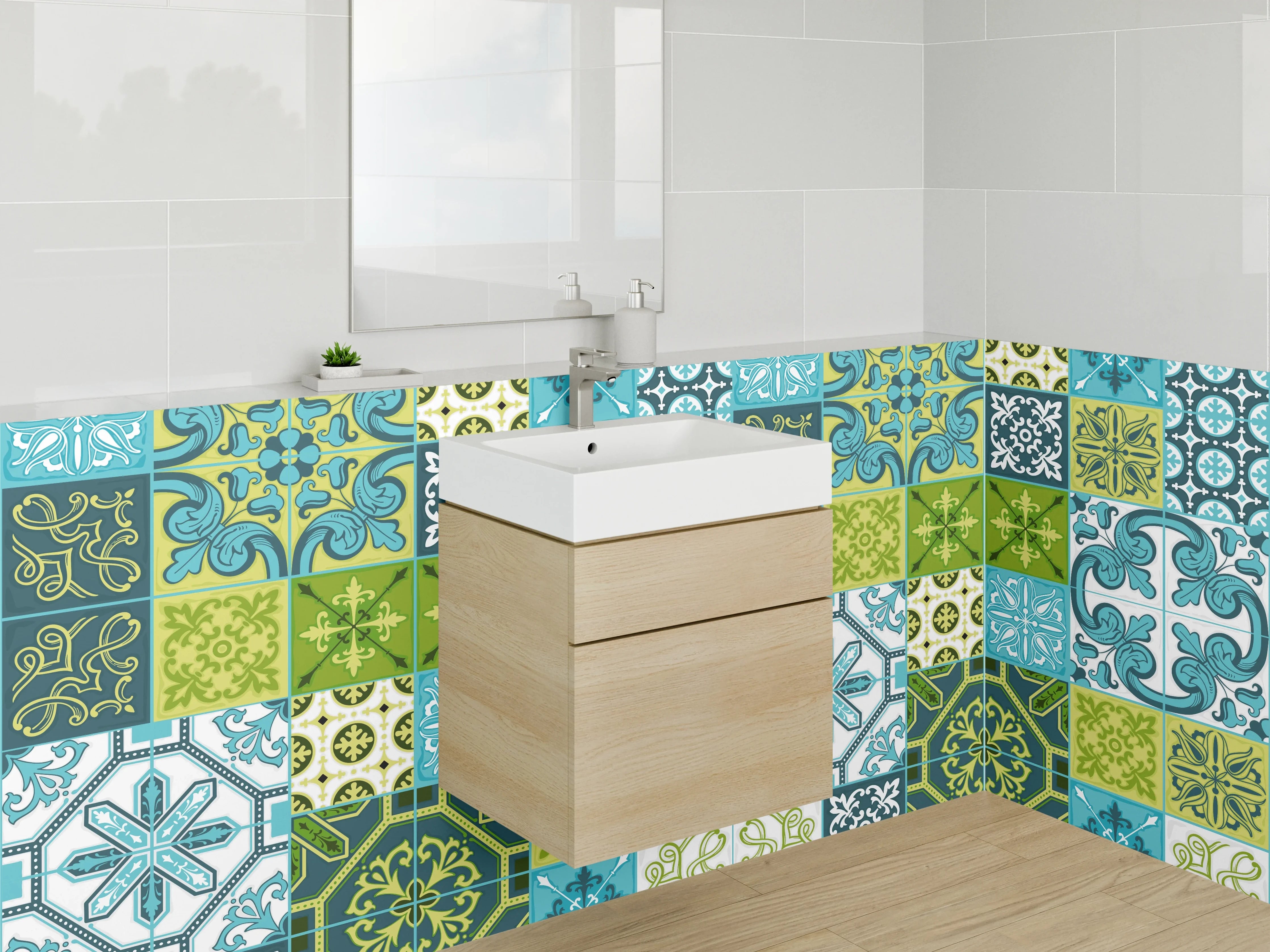 Waschbecken-Rückwand - Orientalisches Patchwork Fliesenmuster Blau Grün