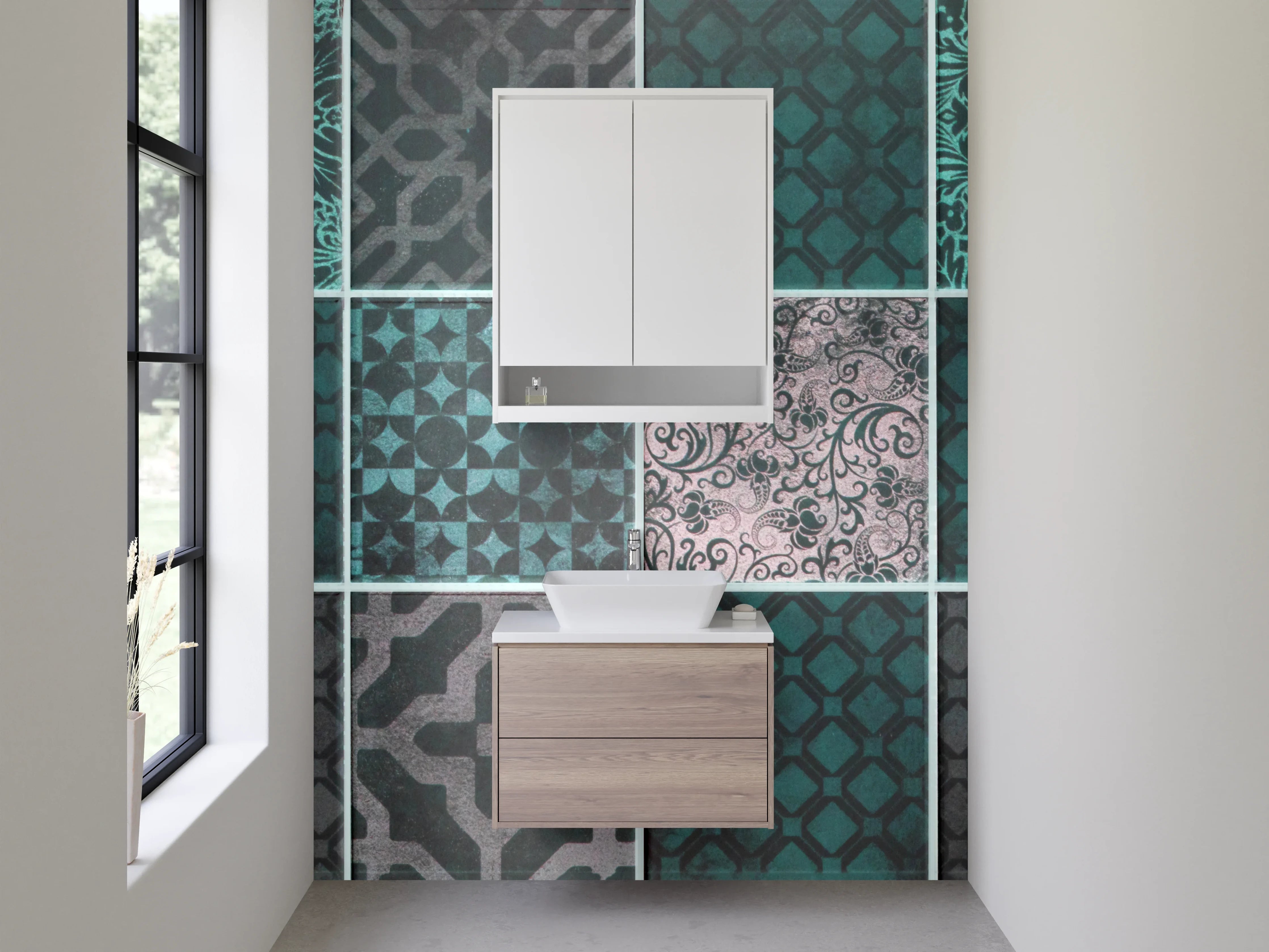 Waschbecken-Rückwand - Orientalisches Patchwork Fliesenmuster Türkis Grau