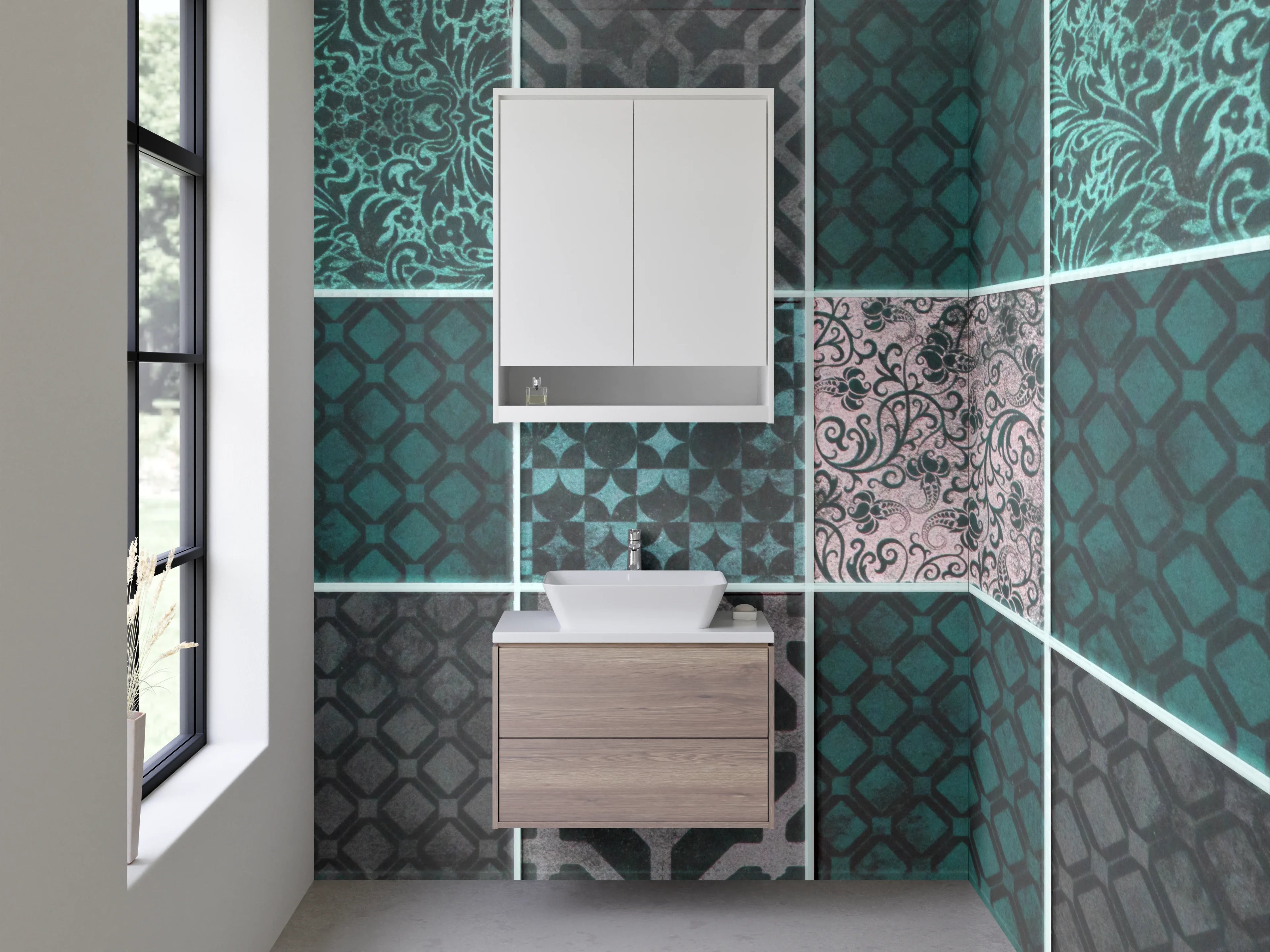 Waschbecken-Rückwand - Orientalisches Patchwork Fliesenmuster Türkis Grau
