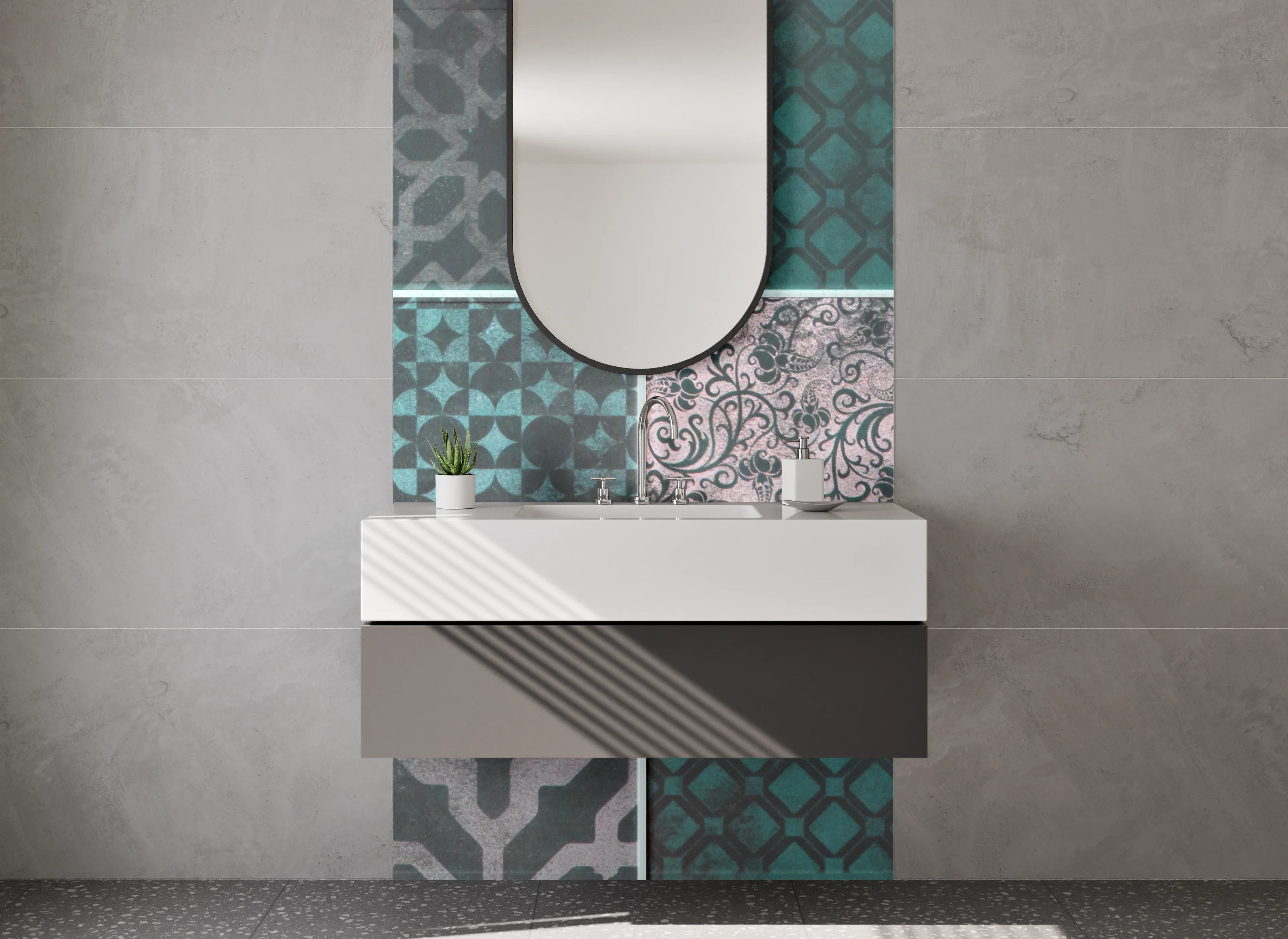 Waschbecken-Rückwand - Orientalisches Patchwork Fliesenmuster Türkis Grau