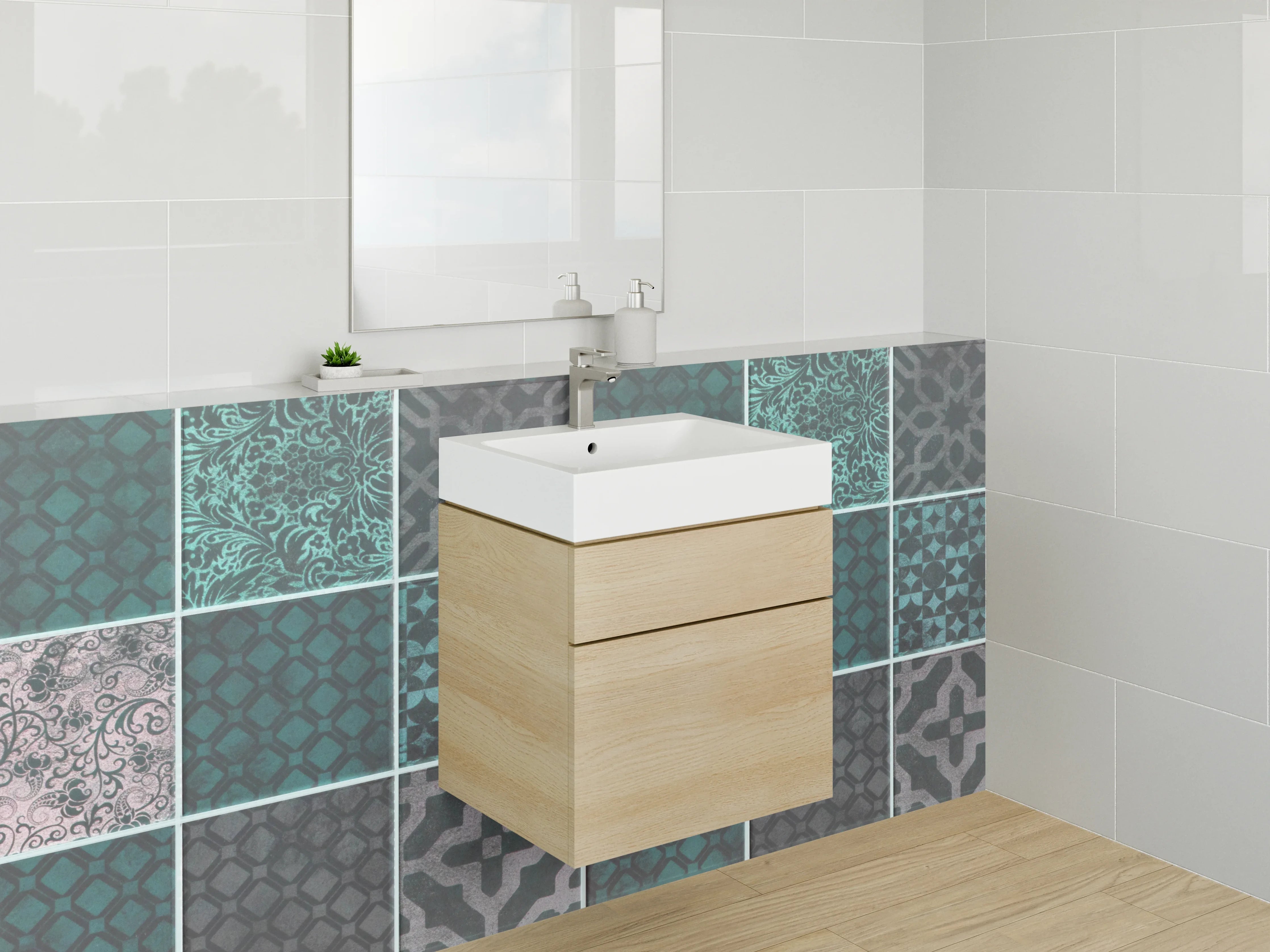 Waschbecken-Rückwand - Orientalisches Patchwork Fliesenmuster Türkis Grau