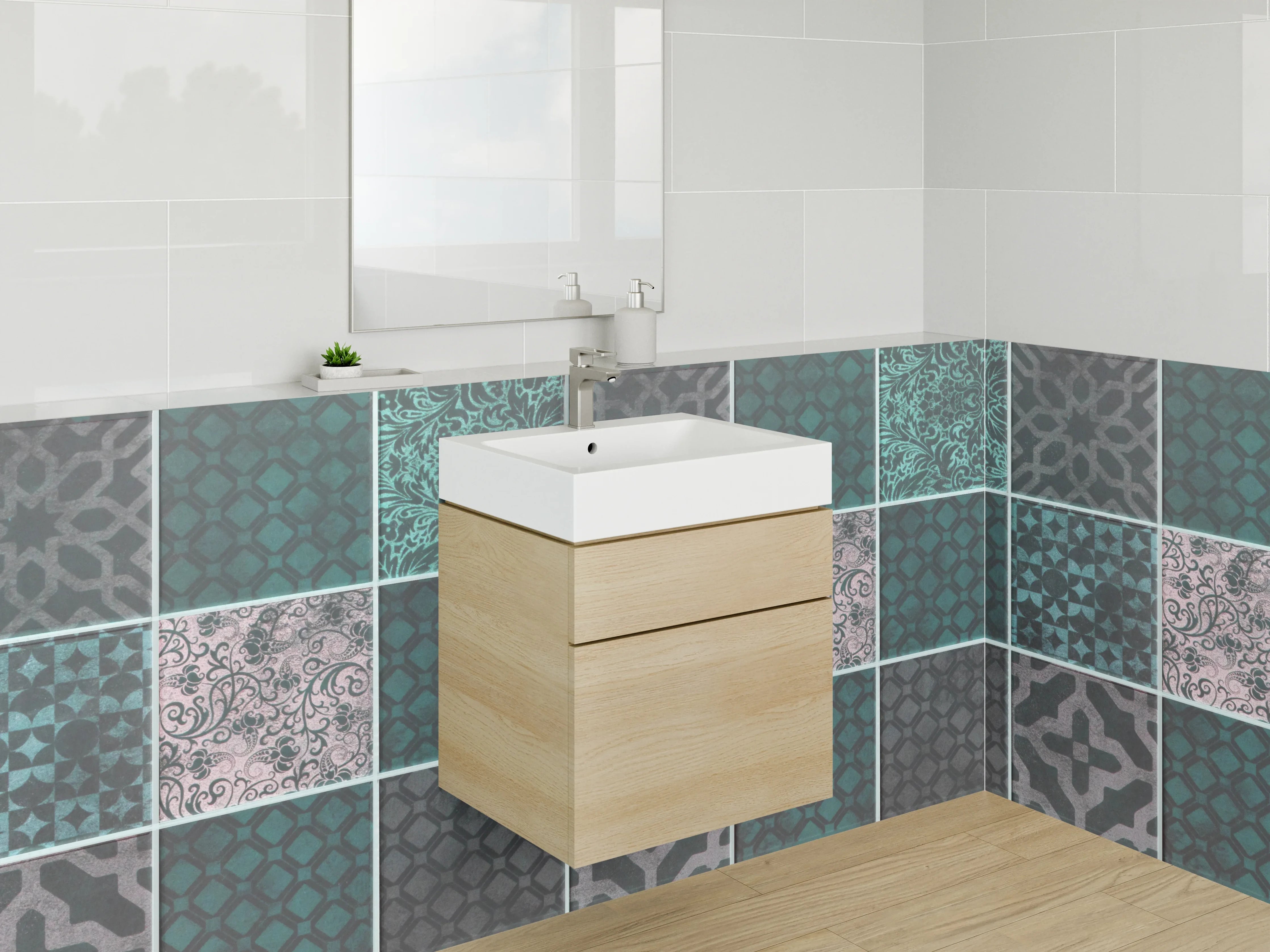 Waschbecken-Rückwand - Orientalisches Patchwork Fliesenmuster Türkis Grau