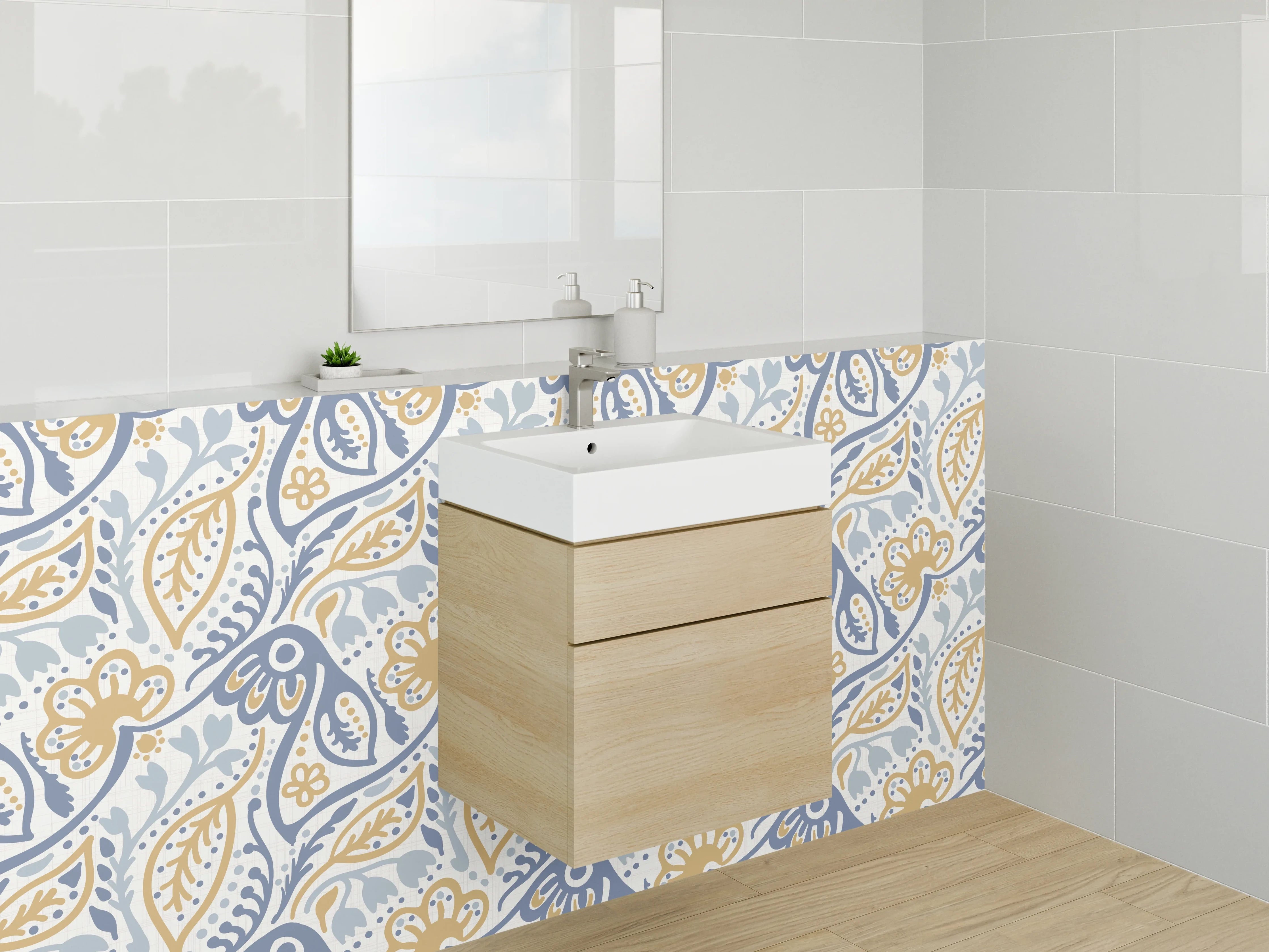 Waschbecken-Rückwand - Orientalisches Pflanzenmuster Blau Gold