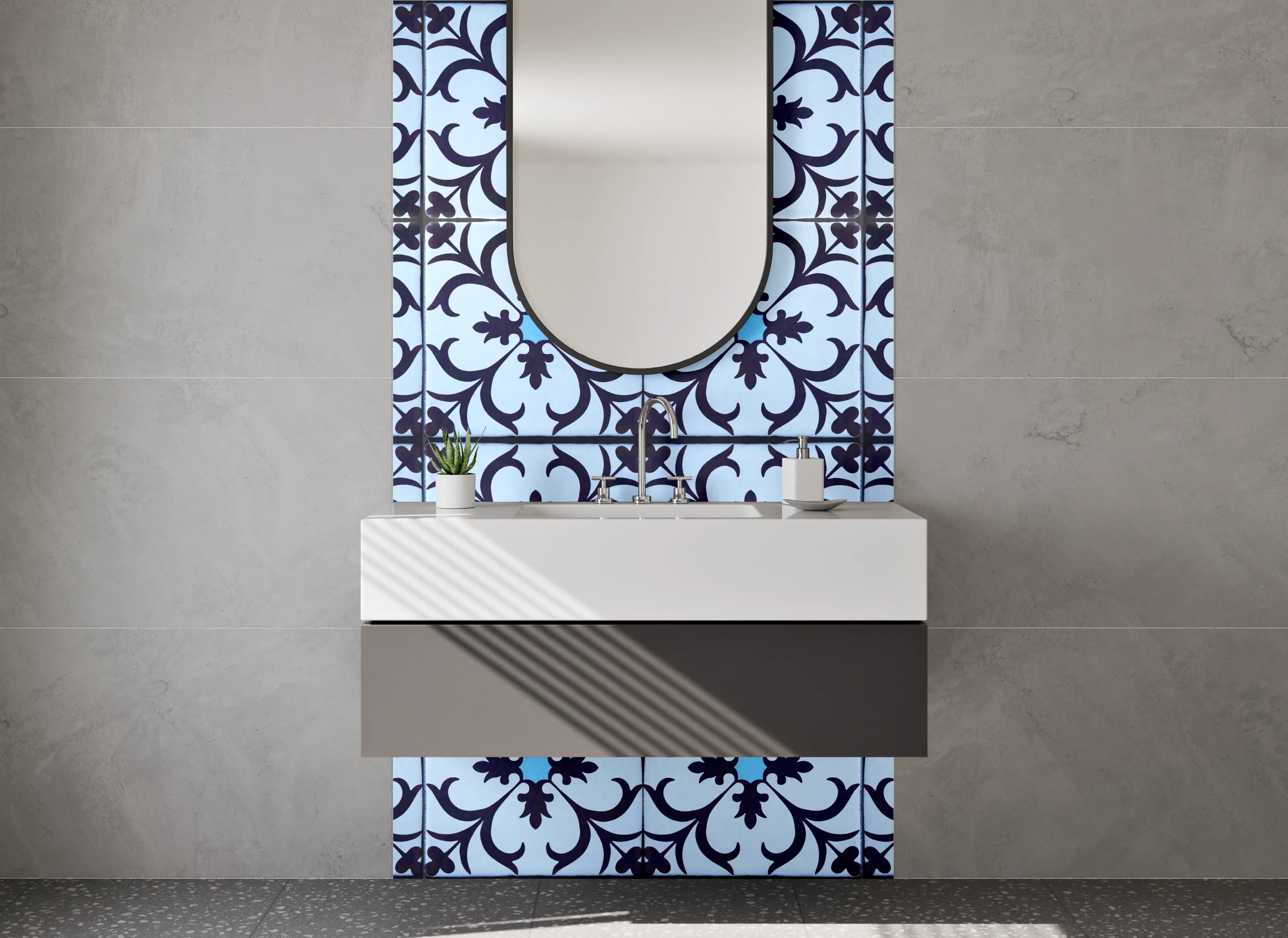 Waschbecken-Rückwand - Ornament Blau-Graues Retro Musterfliesen Design