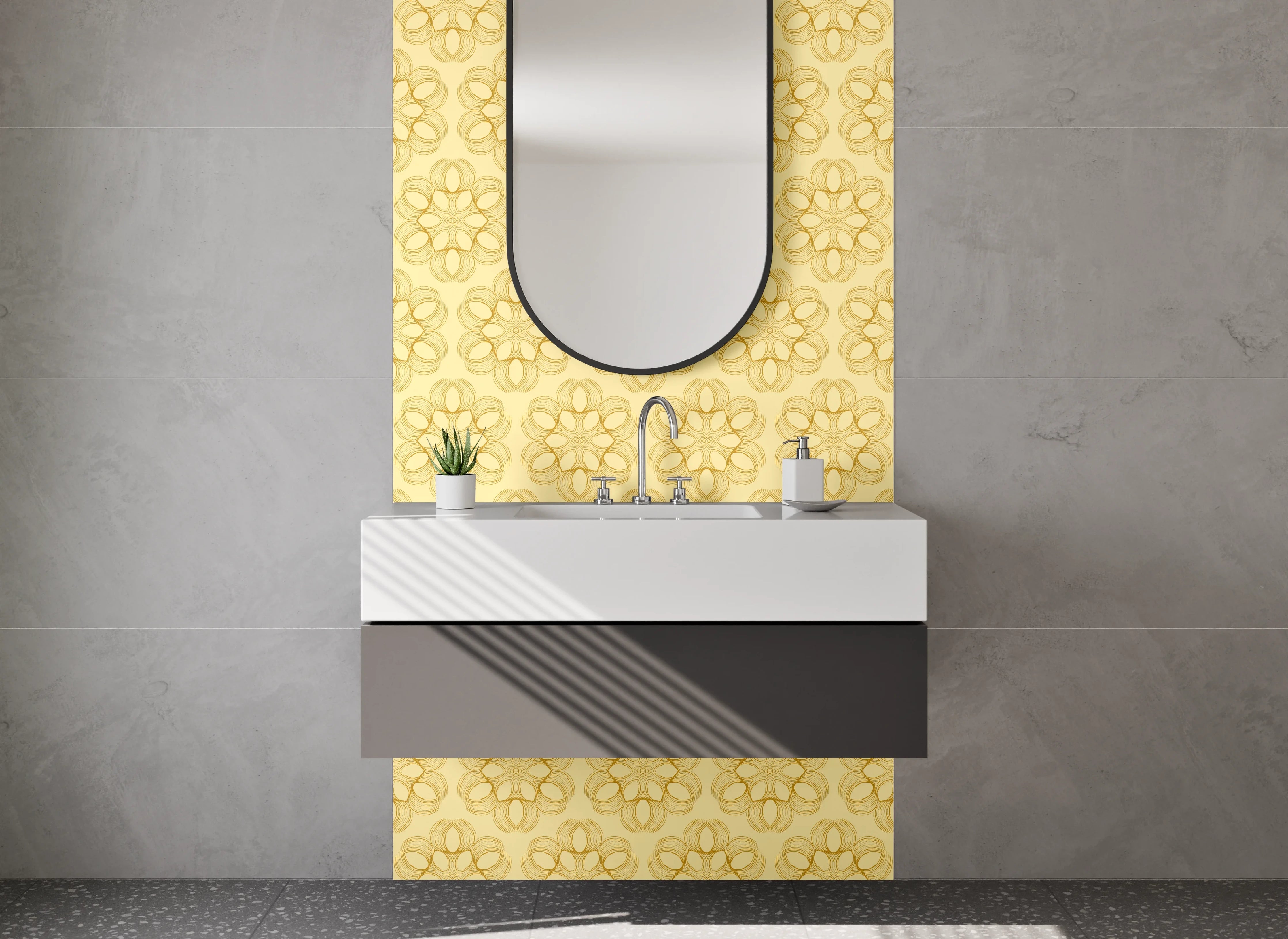Waschbecken-Rückwand - Ornamentales Retro-Muster in Gold Beige