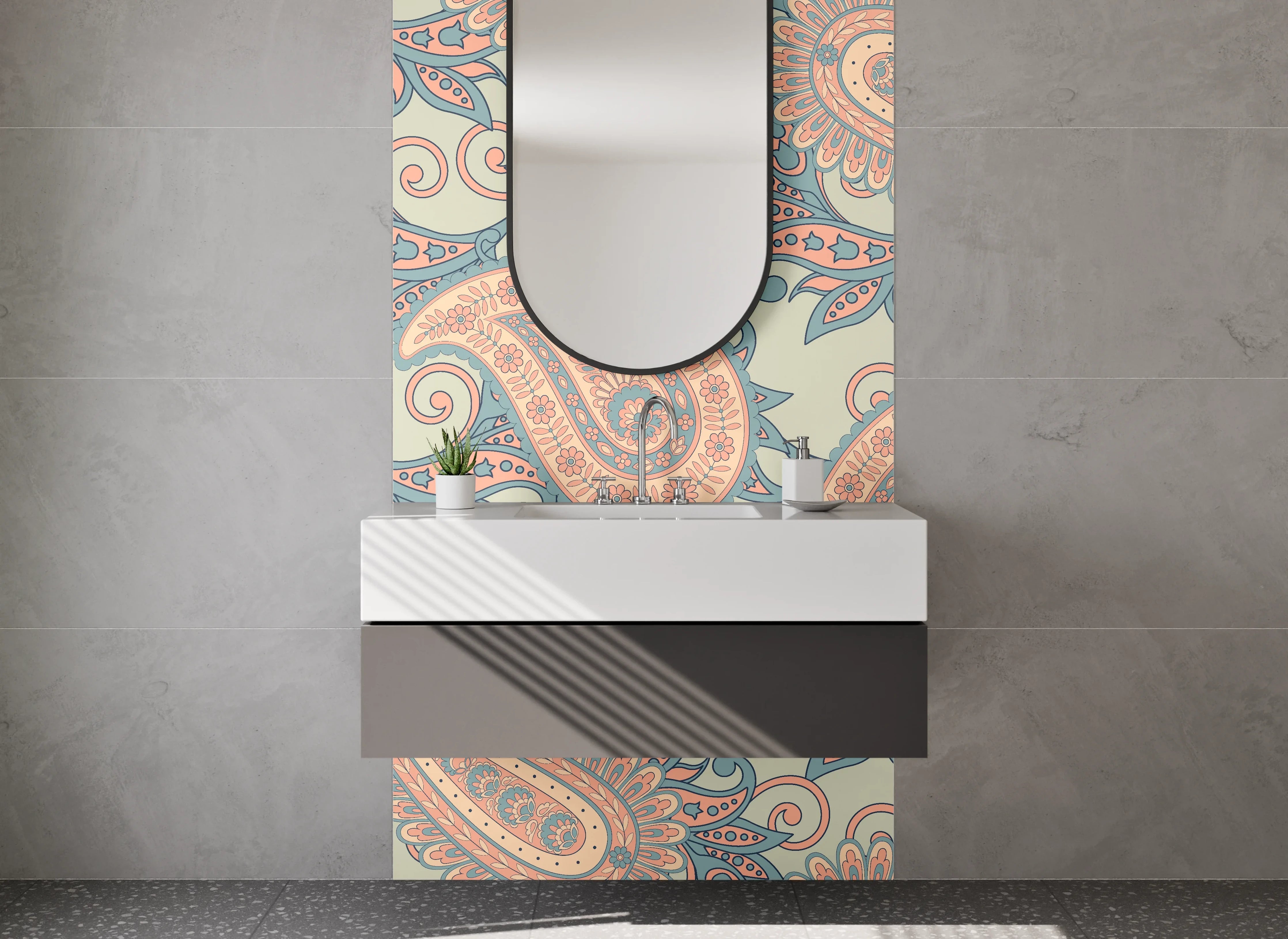 Waschbecken-Rückwand - Paisley Muster Retro Türkis Rosa