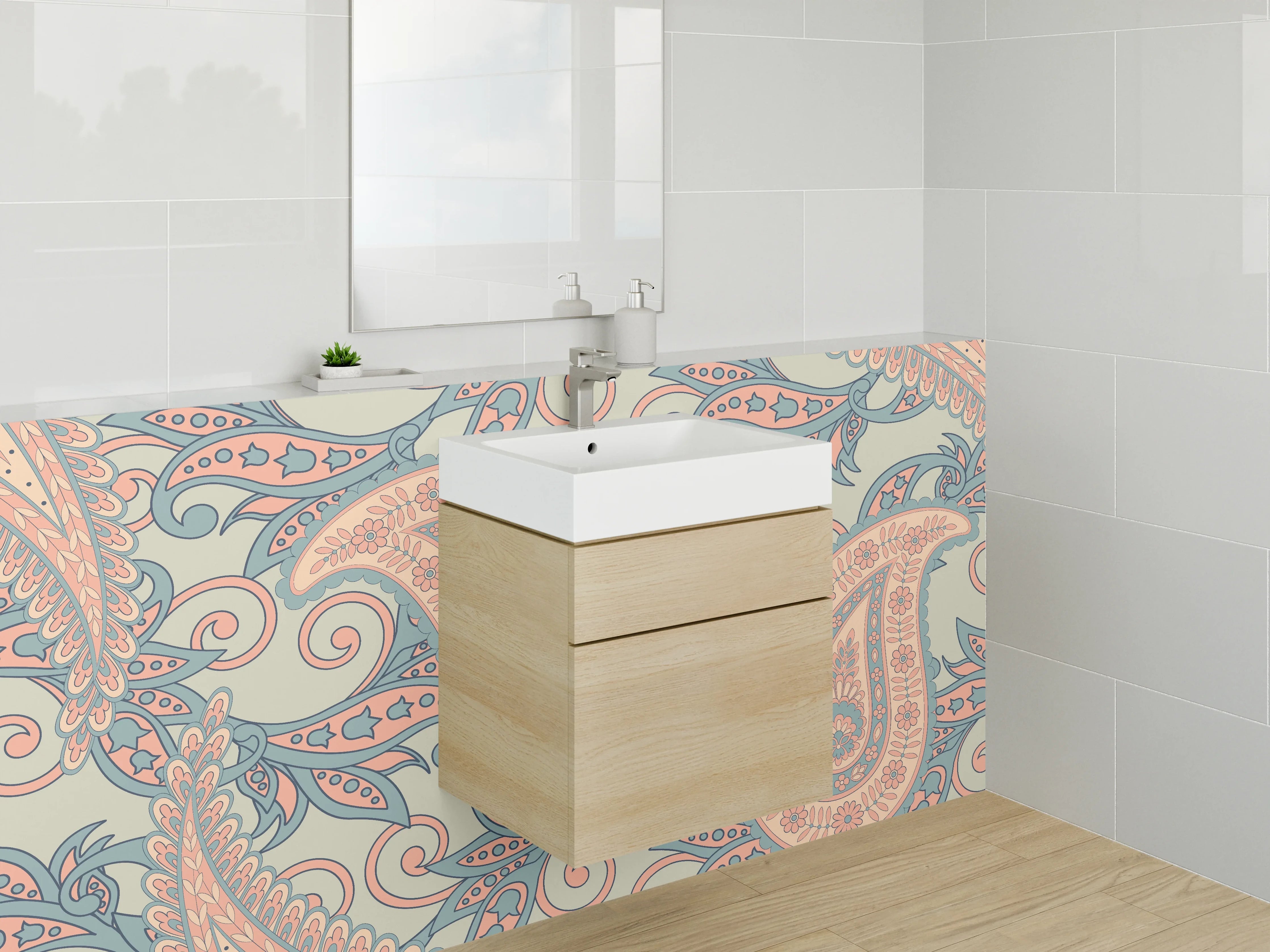 Waschbecken-Rückwand - Paisley Muster Retro Türkis Rosa