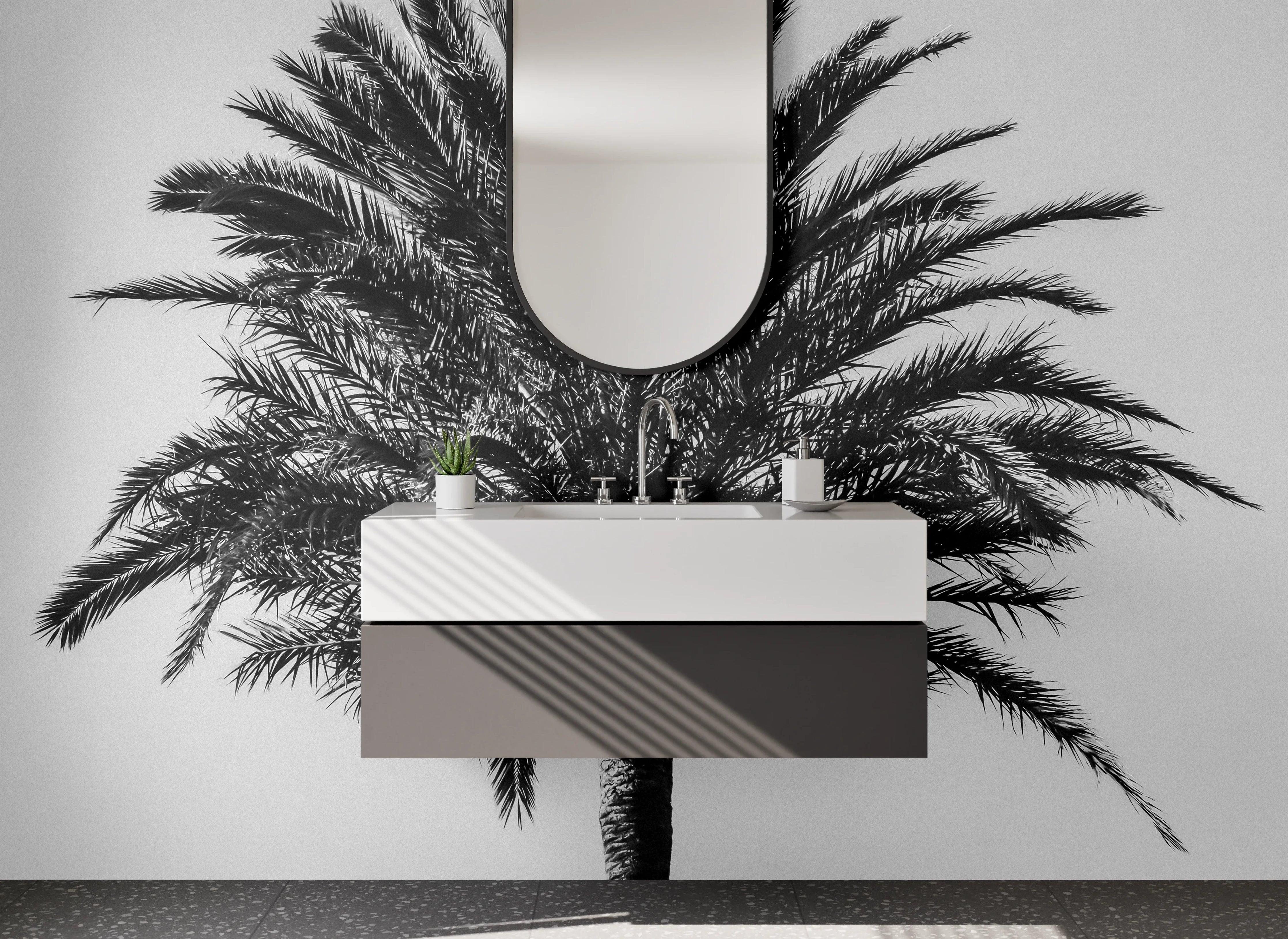 Waschbecken-Rückwand - Palme Schwarz-Weiß Fotografie
