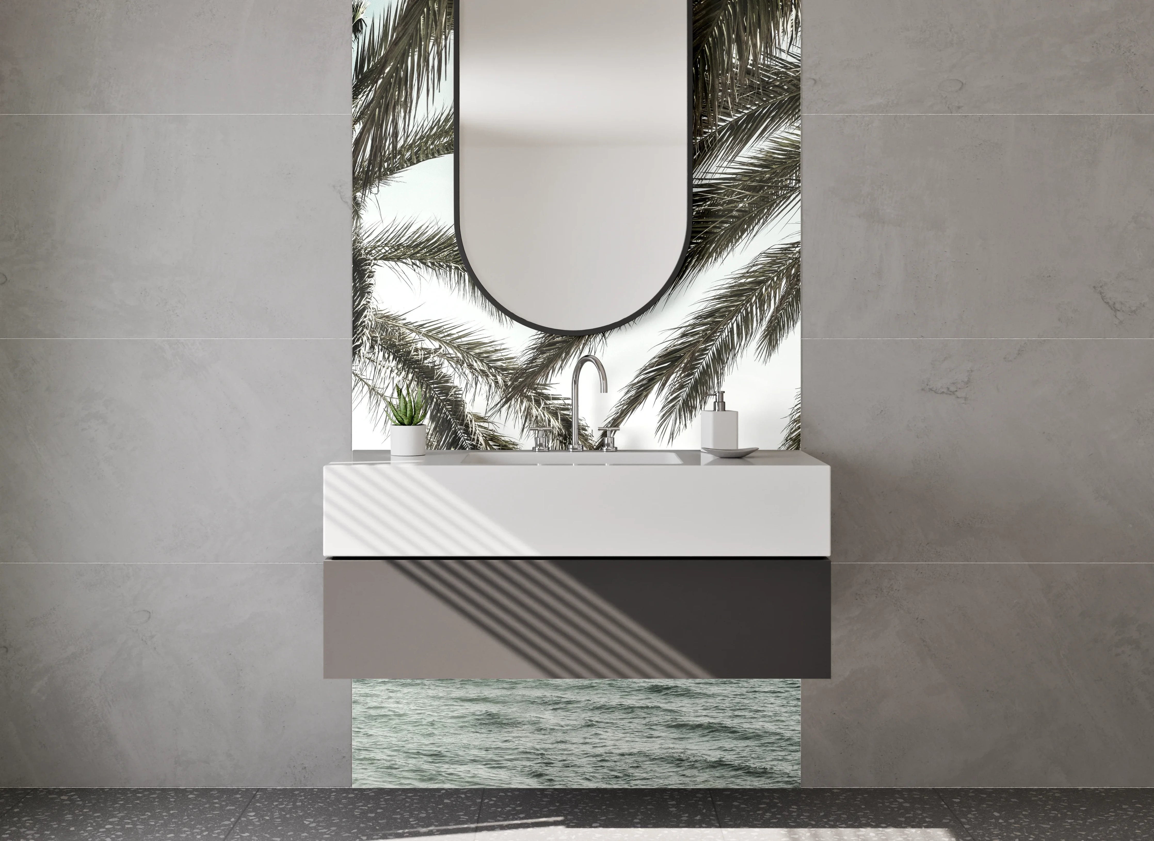 Waschbecken-Rückwand - Palmen am Meer bei Sonnenuntergang