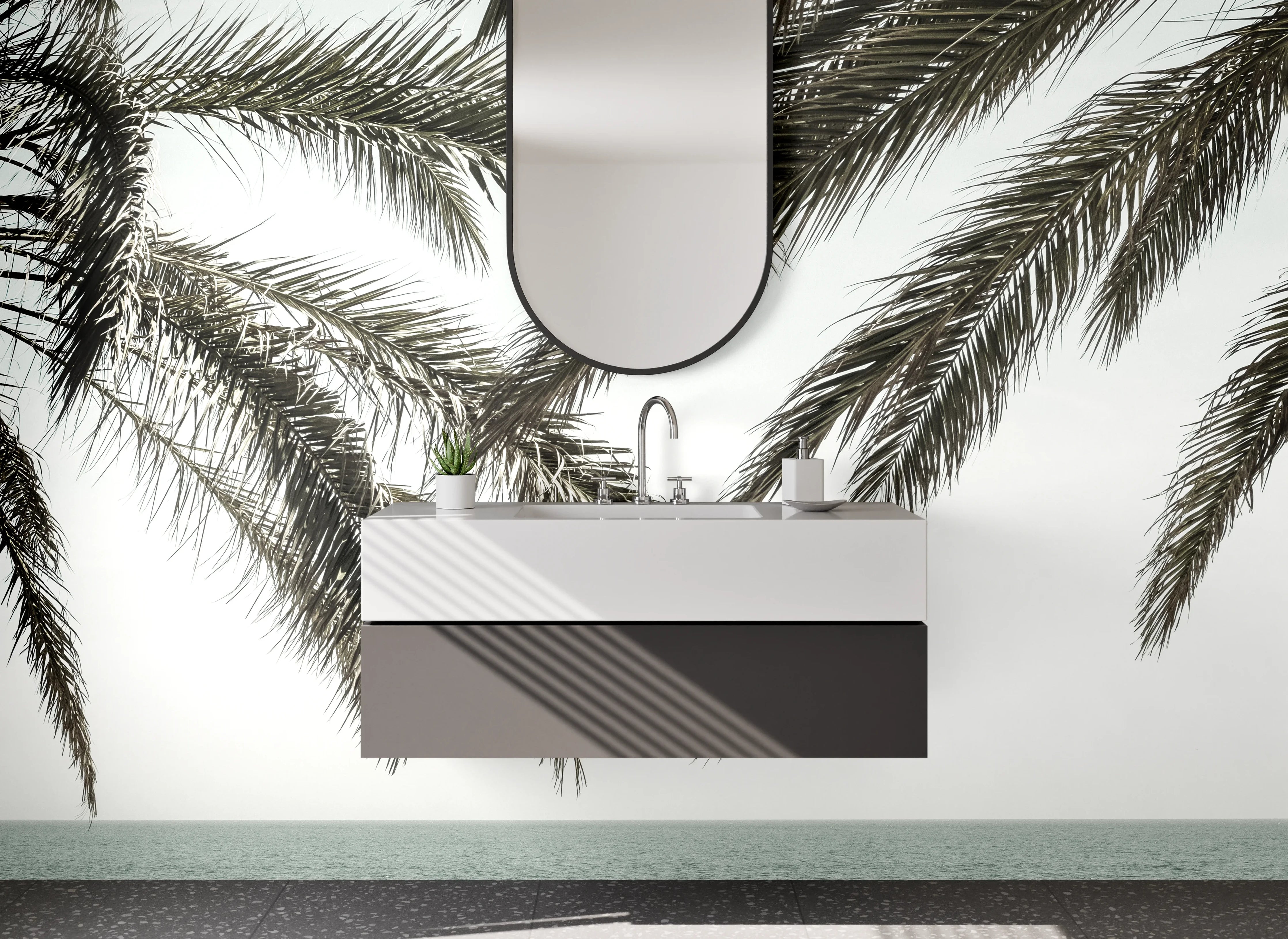 Waschbecken-Rückwand - Palmen am Meer bei Sonnenuntergang