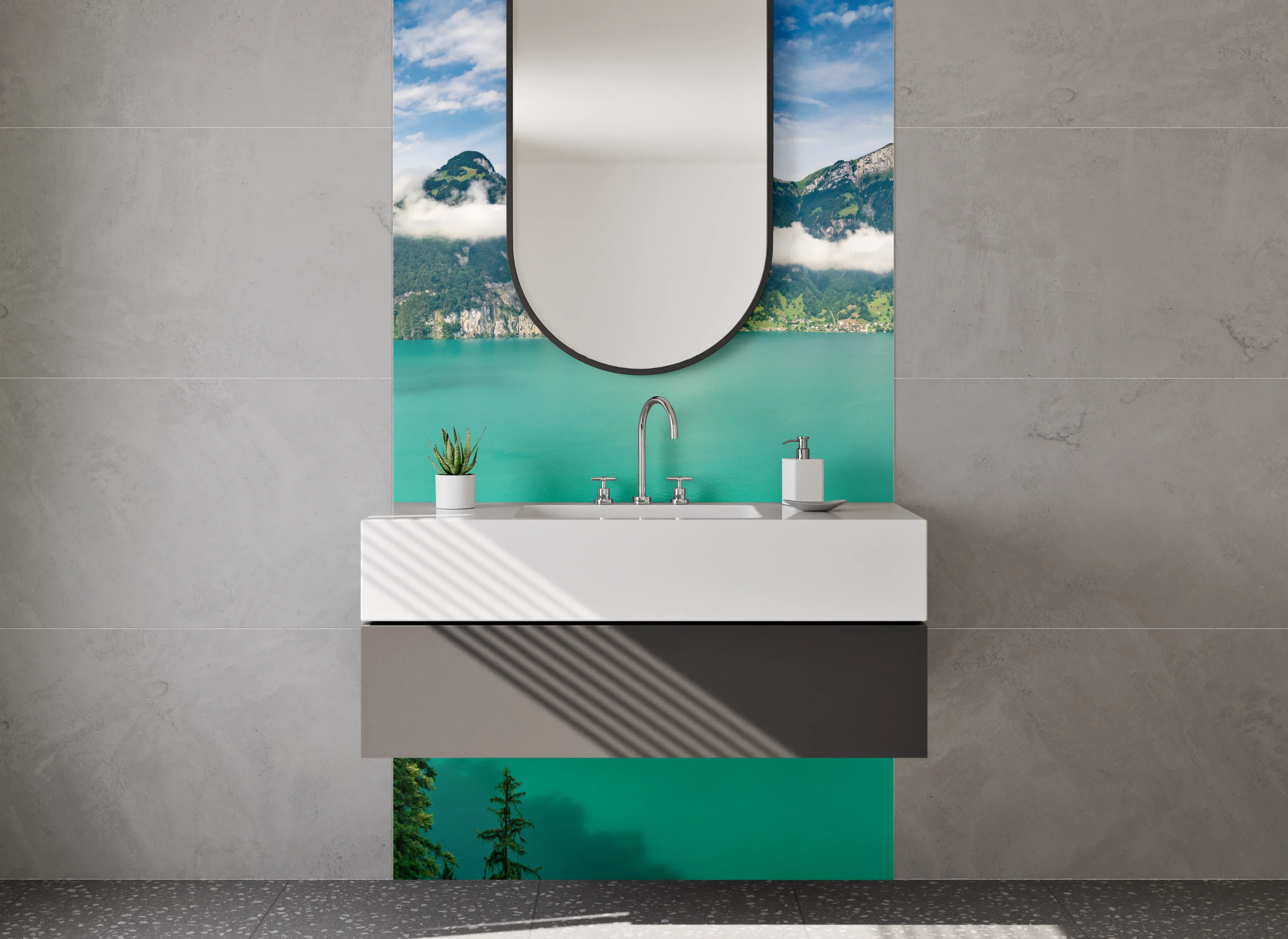 Waschbecken-Rückwand - Panorama Alpen See Landschaft