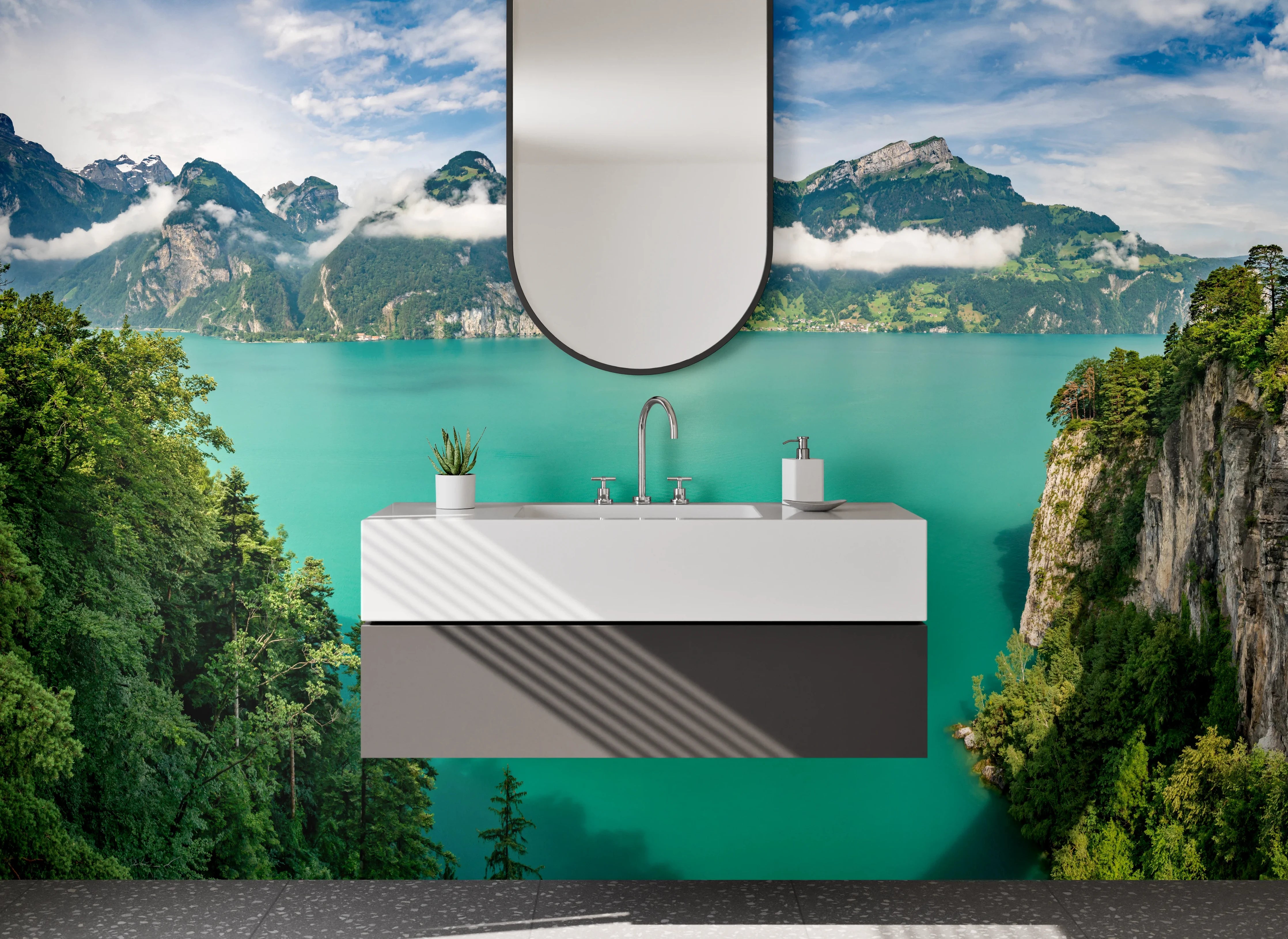 Waschbecken-Rückwand - Panorama Alpen See Landschaft