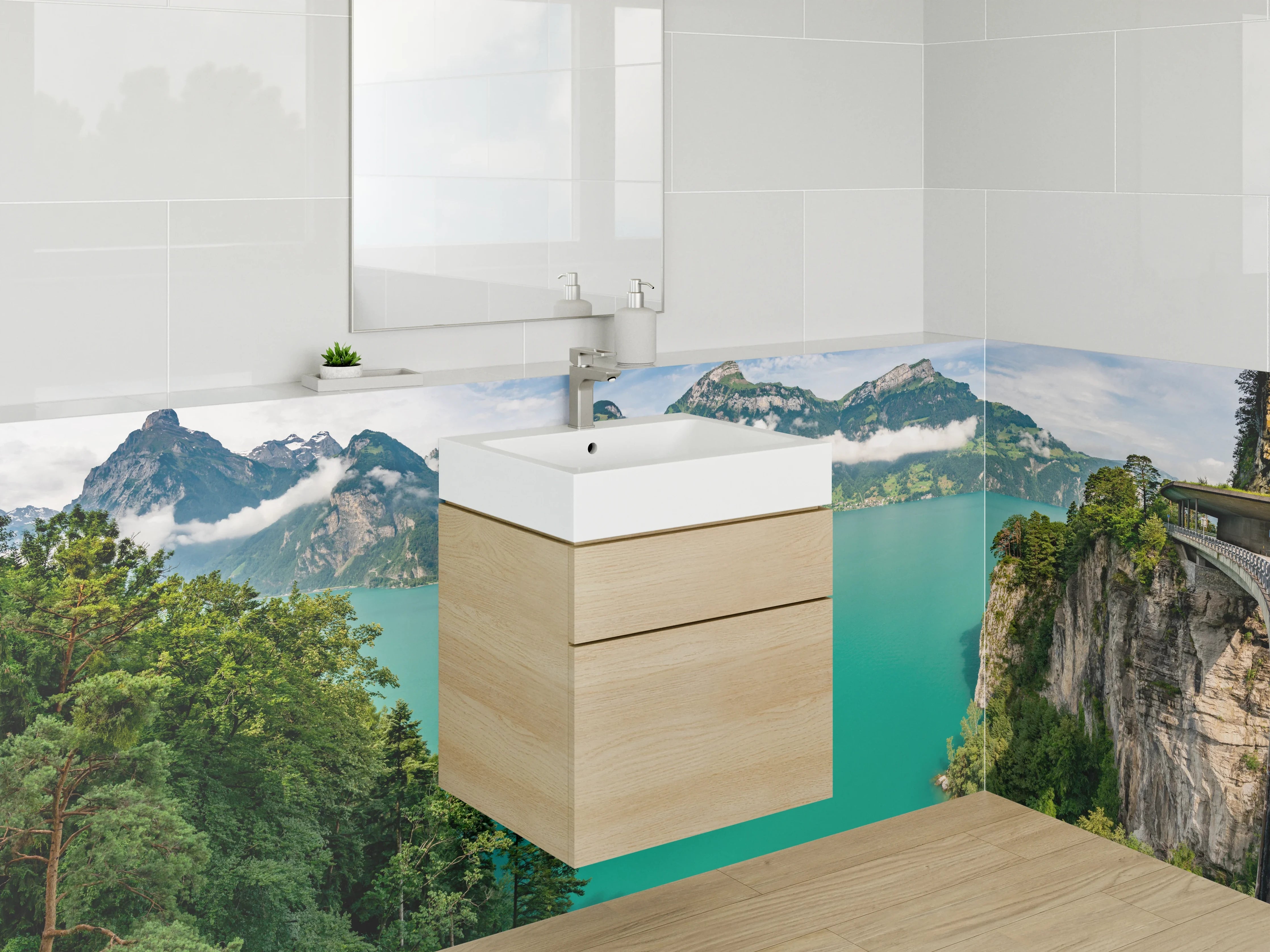 Waschbecken-Rückwand - Panorama Alpen See Landschaft