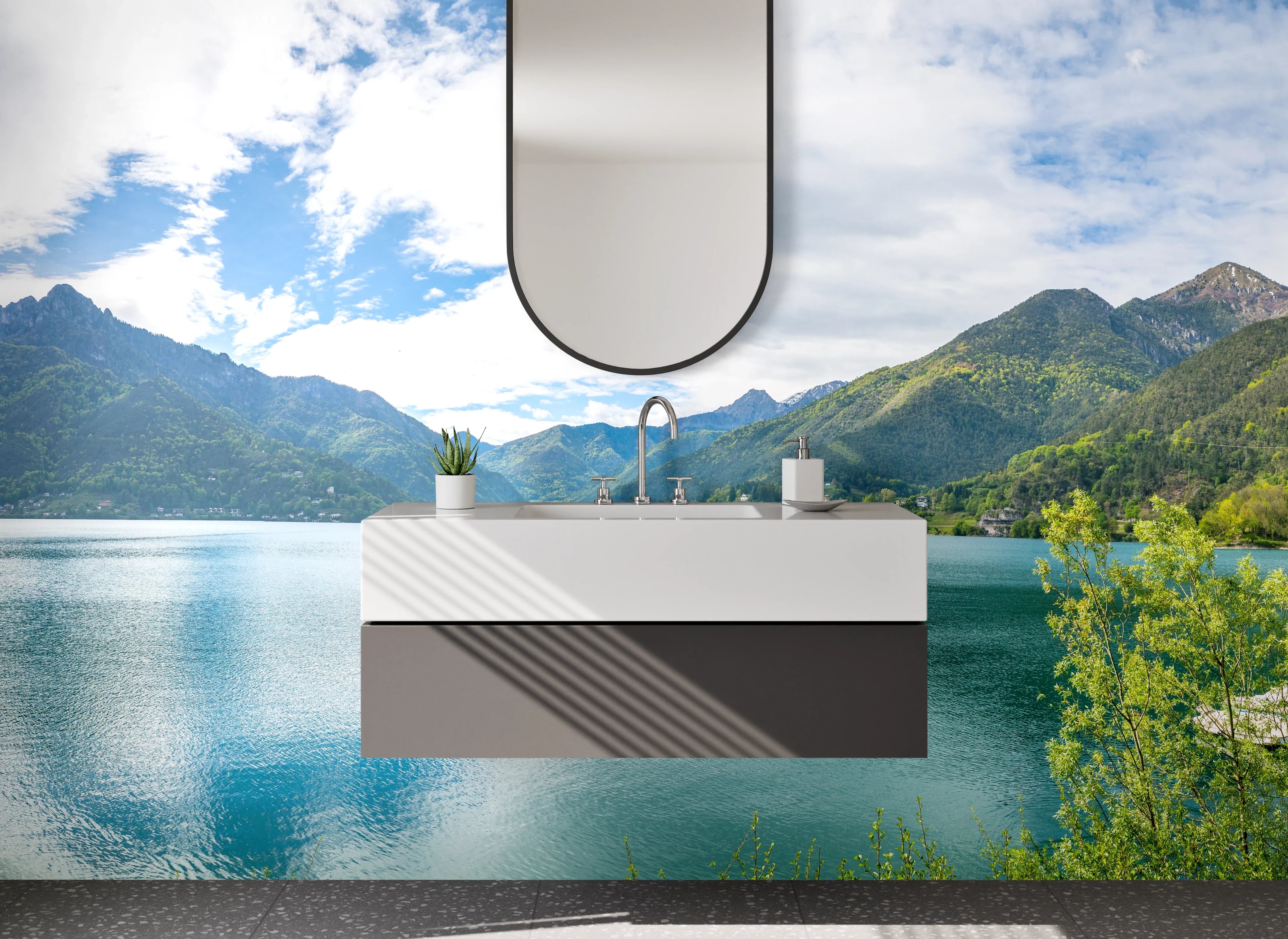 Waschbecken-Rückwand - Panorama Bergsee mit Alpenkulisse