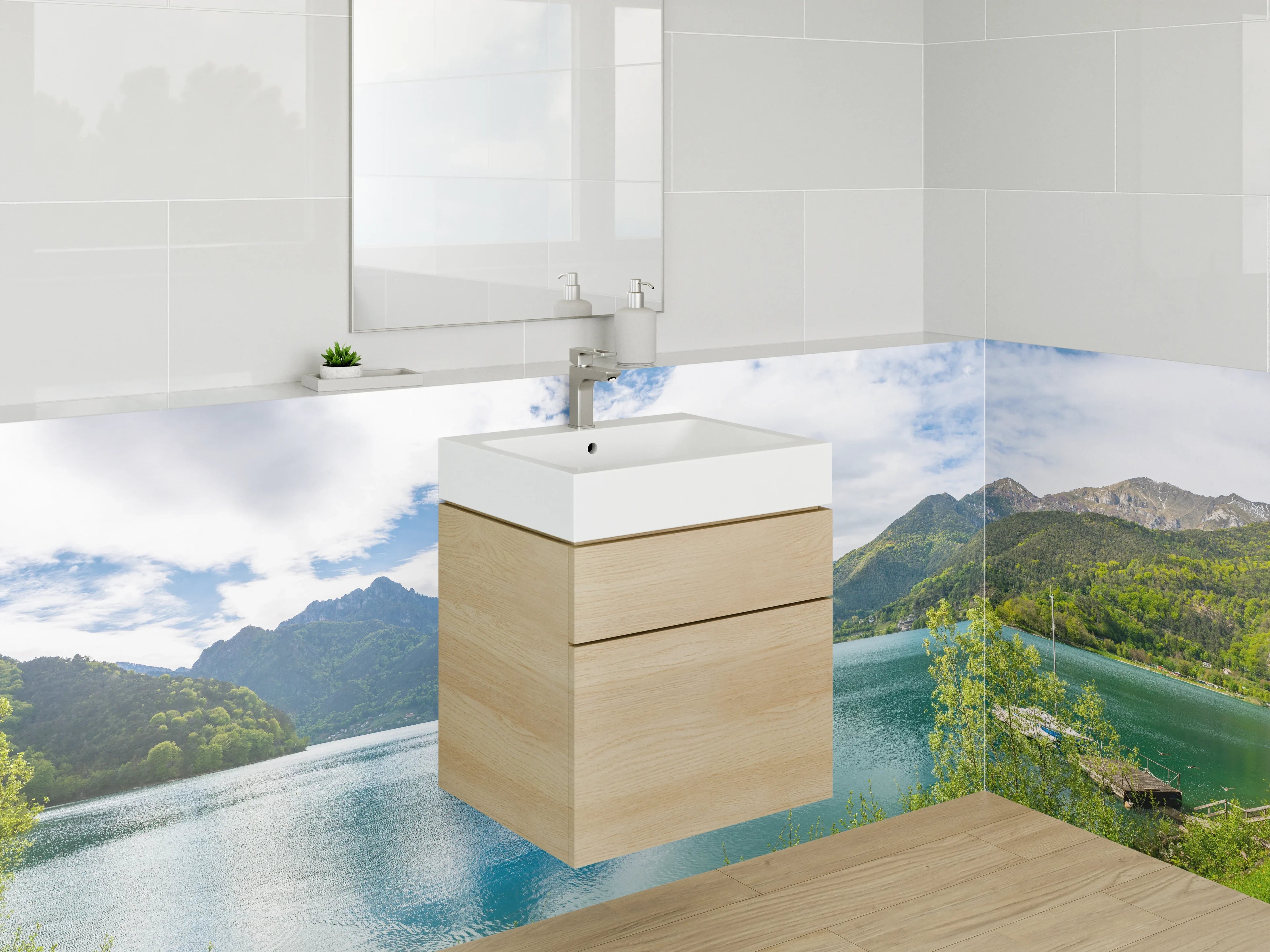 Waschbecken-Rückwand - Panorama Bergsee mit Alpenkulisse