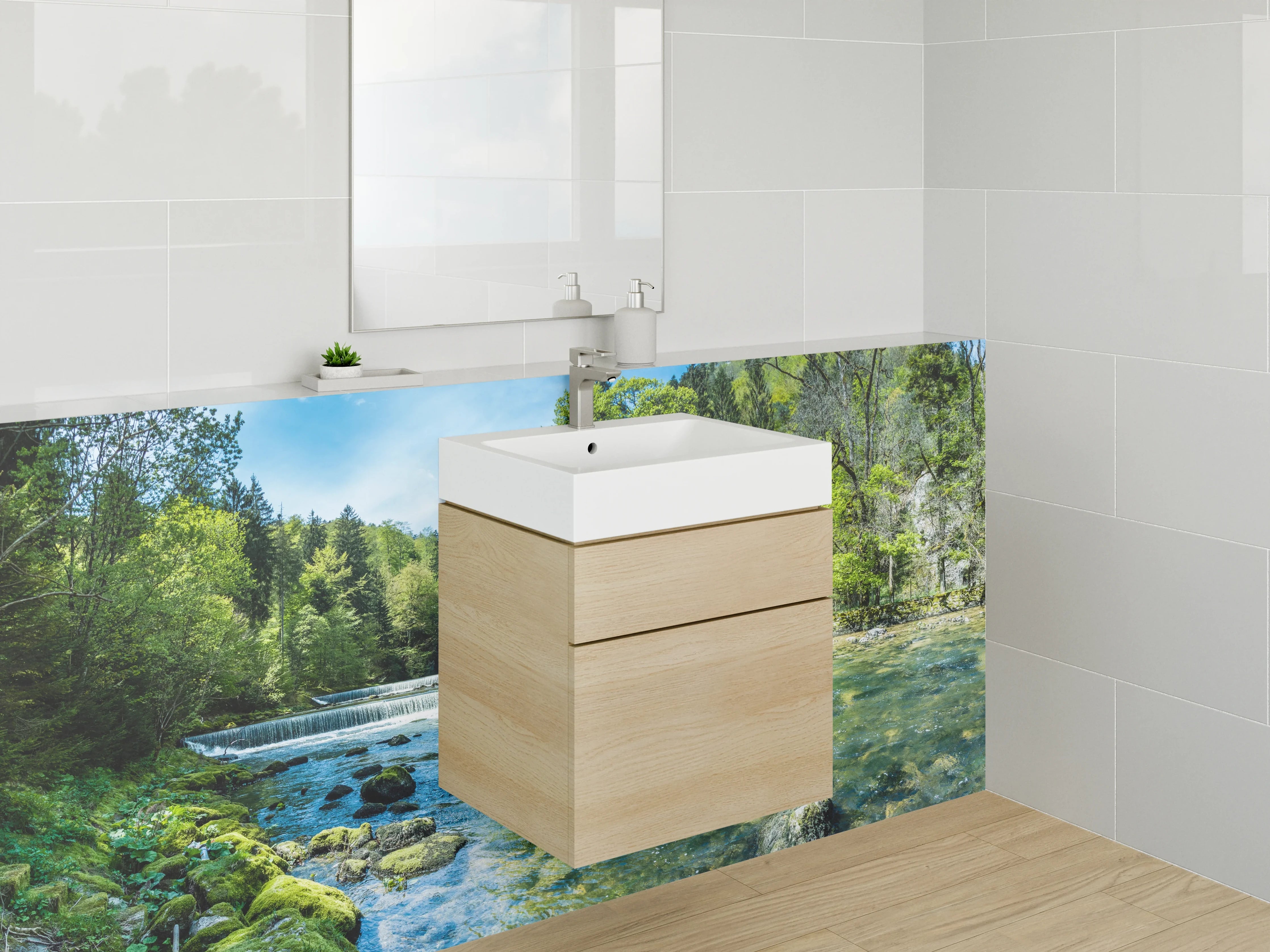 Waschbecken-Rückwand - Panorama Flusslandschaft im Wald
