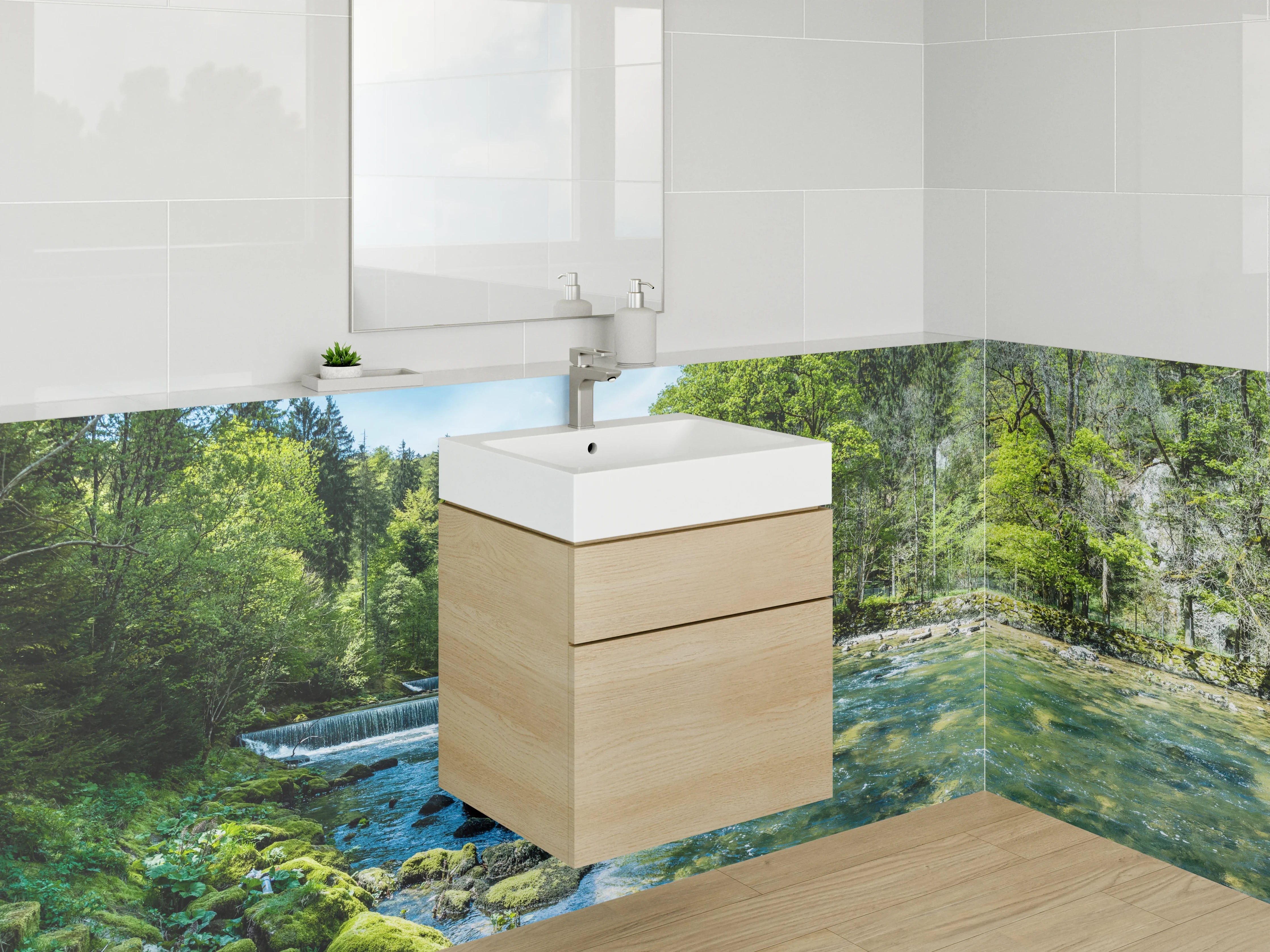 Waschbecken-Rückwand - Panorama Flusslandschaft im Wald