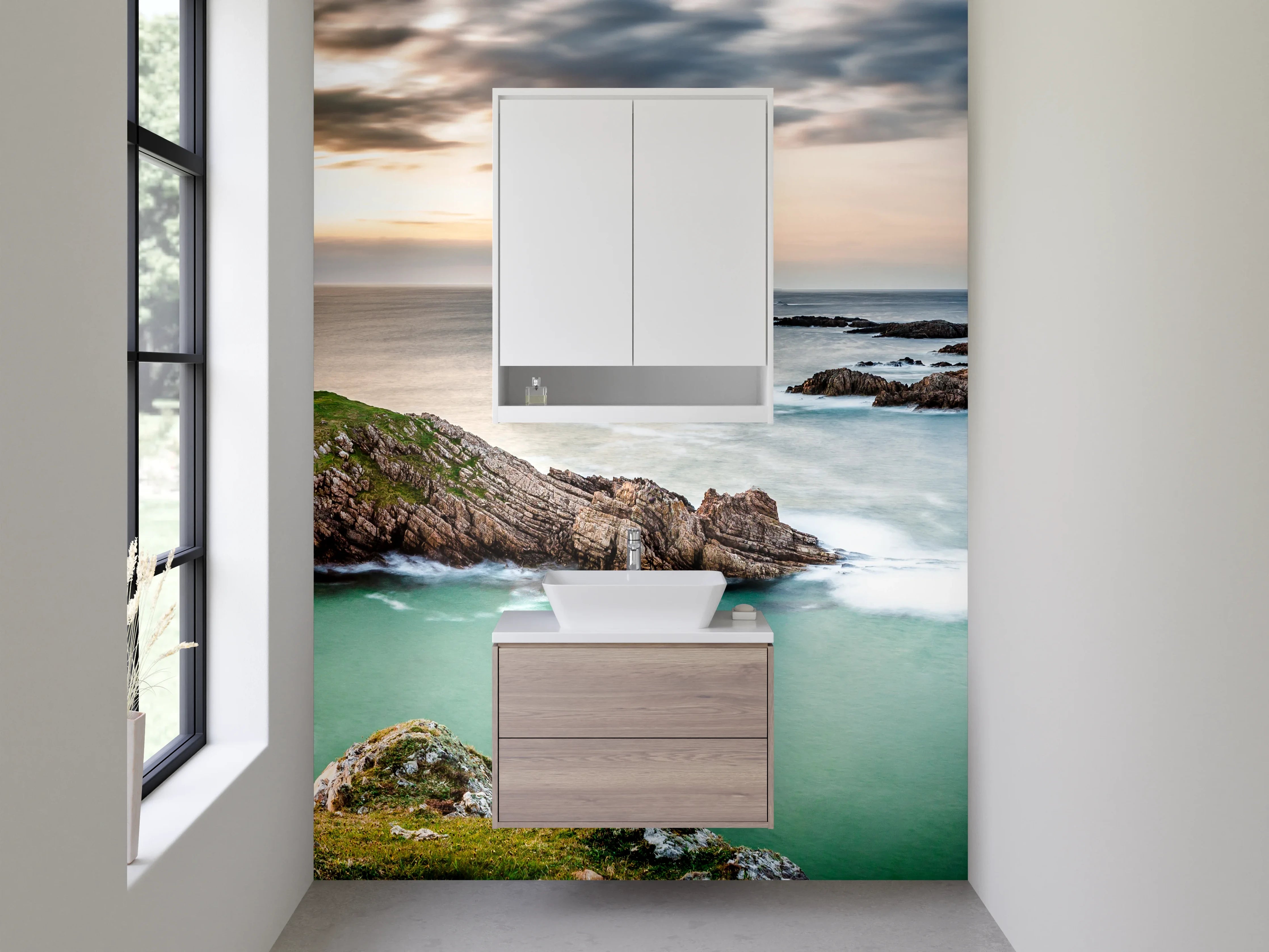 Waschbecken-Rückwand - Panorama Klippen am Meer Sonnenuntergang