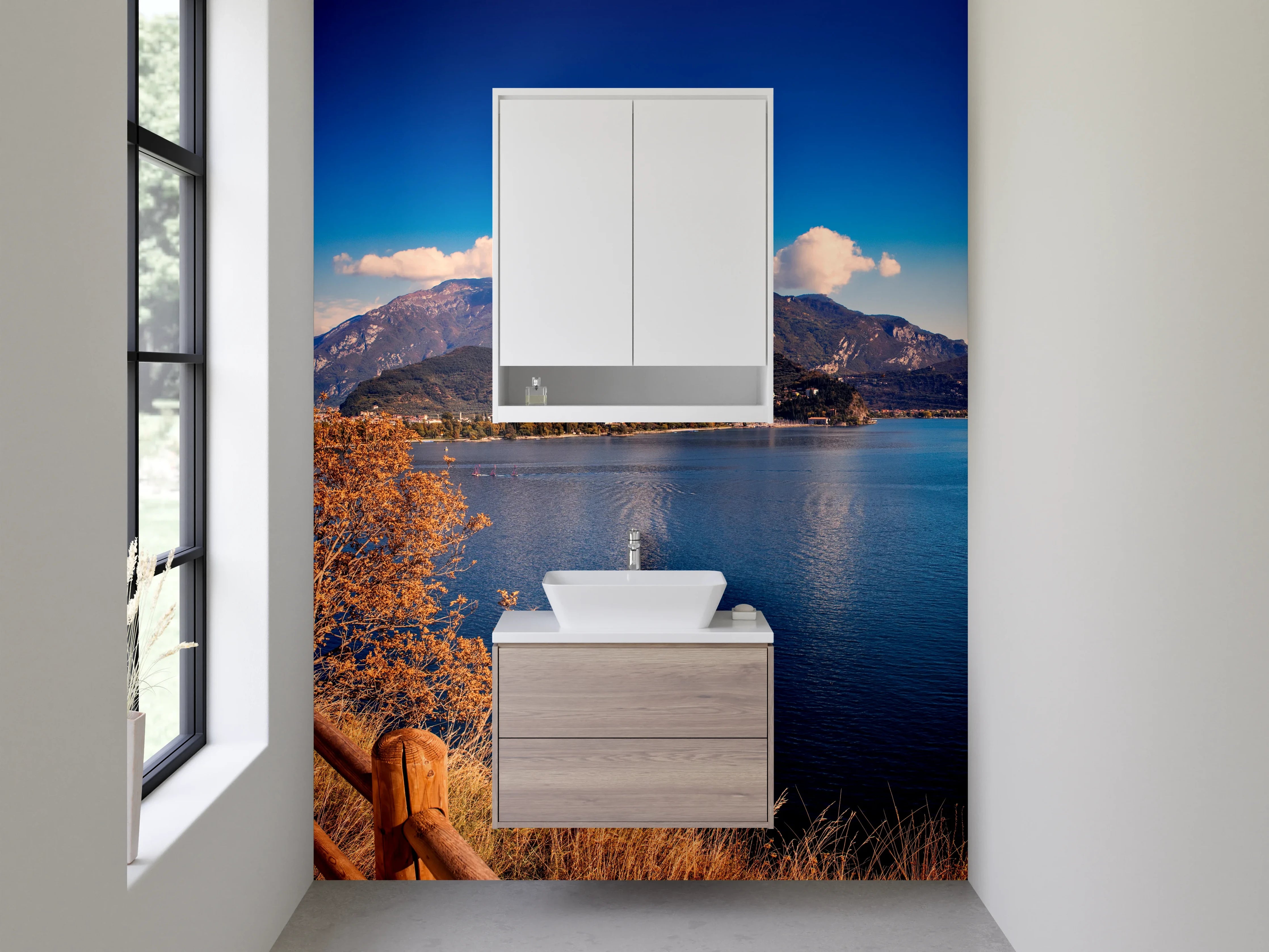 Waschbecken-Rückwand - Panorama Seeufer mit Bergen