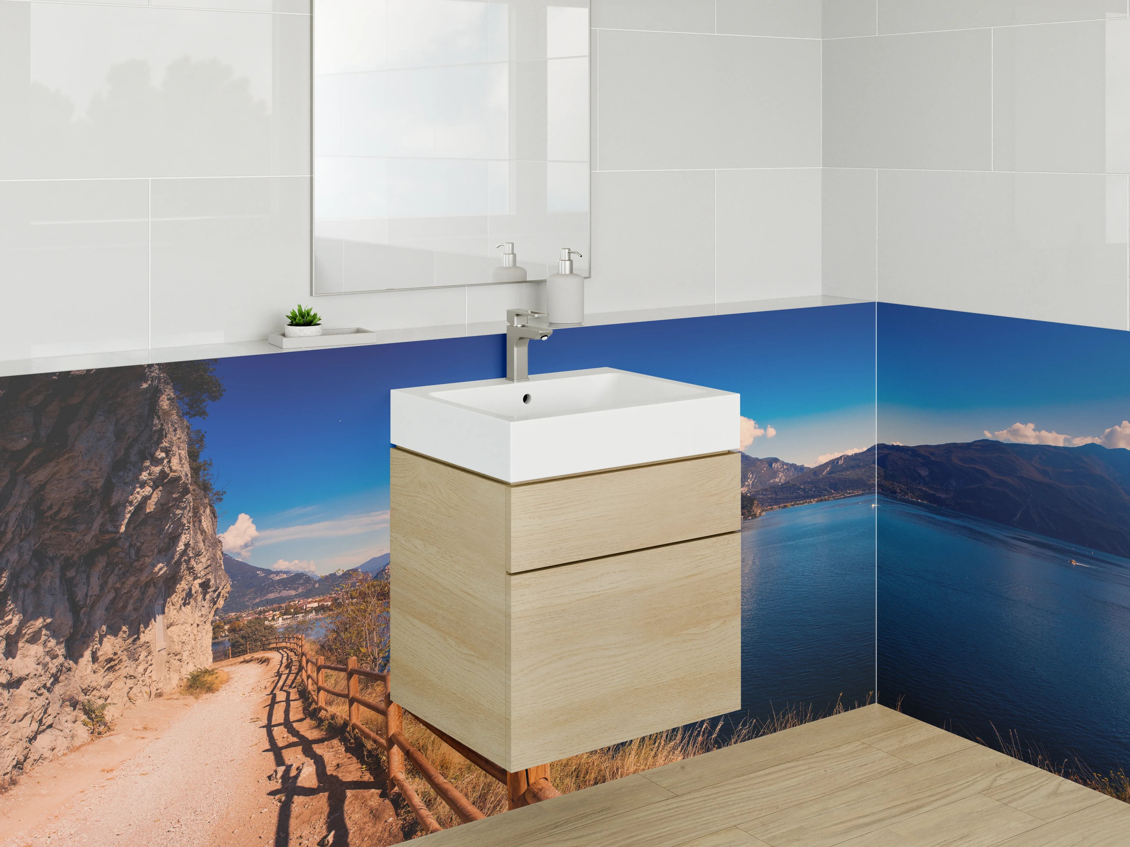 Waschbecken-Rückwand - Panorama Seeufer mit Bergen