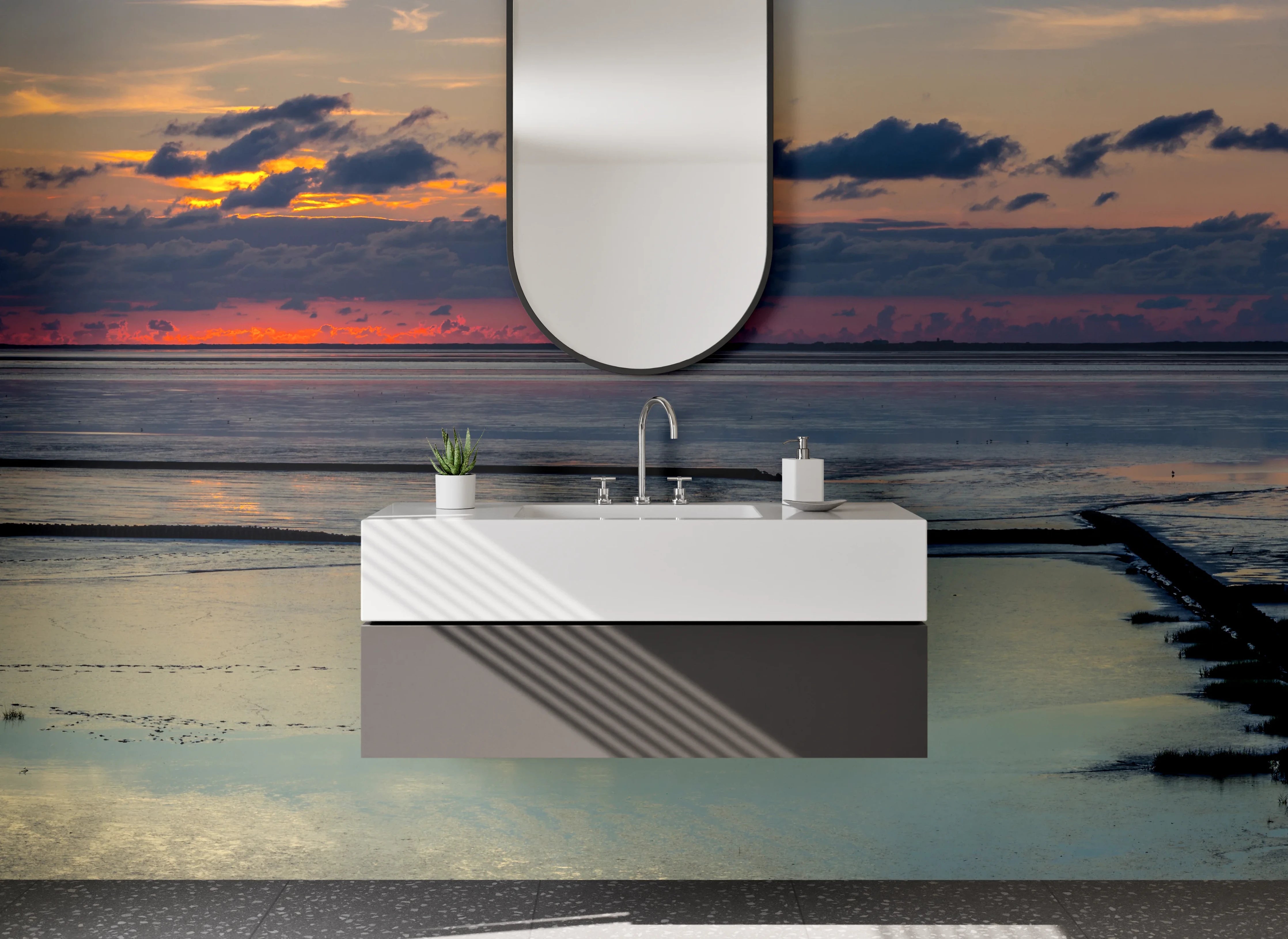 Waschbecken-Rückwand - Panorama Sonnenuntergang Nordsee Watt
