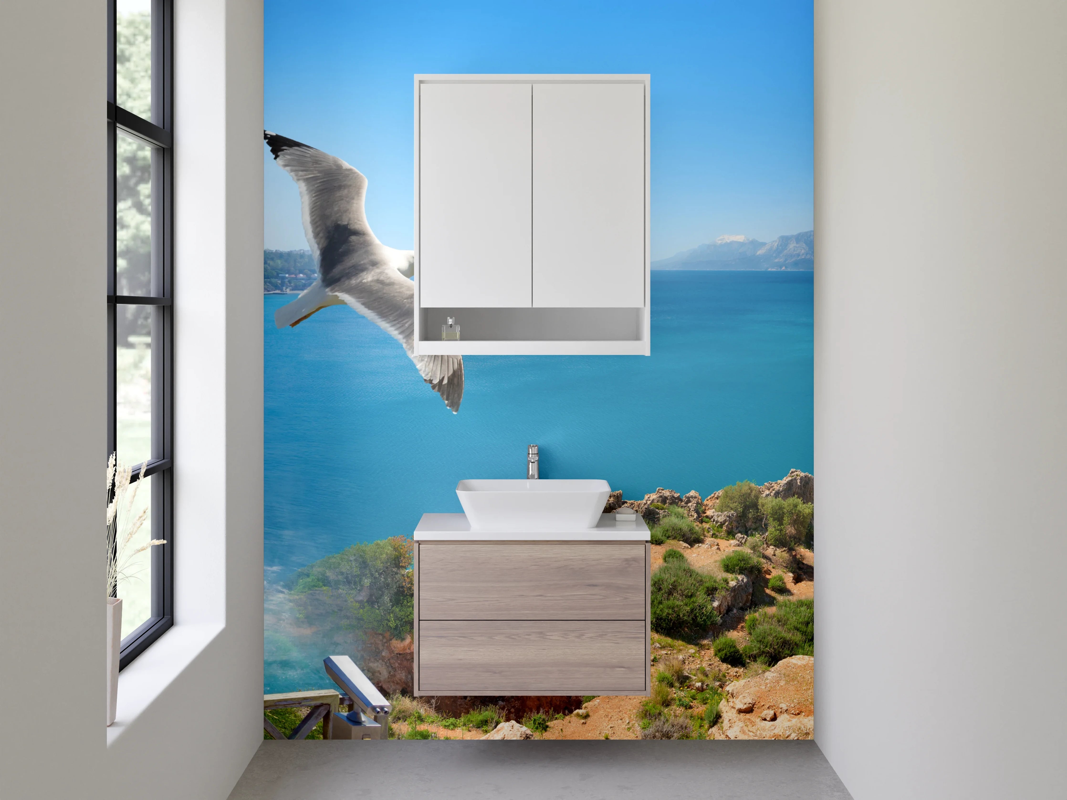 Waschbecken-Rückwand - Panorama Strand & Wasserfall Türkisblau