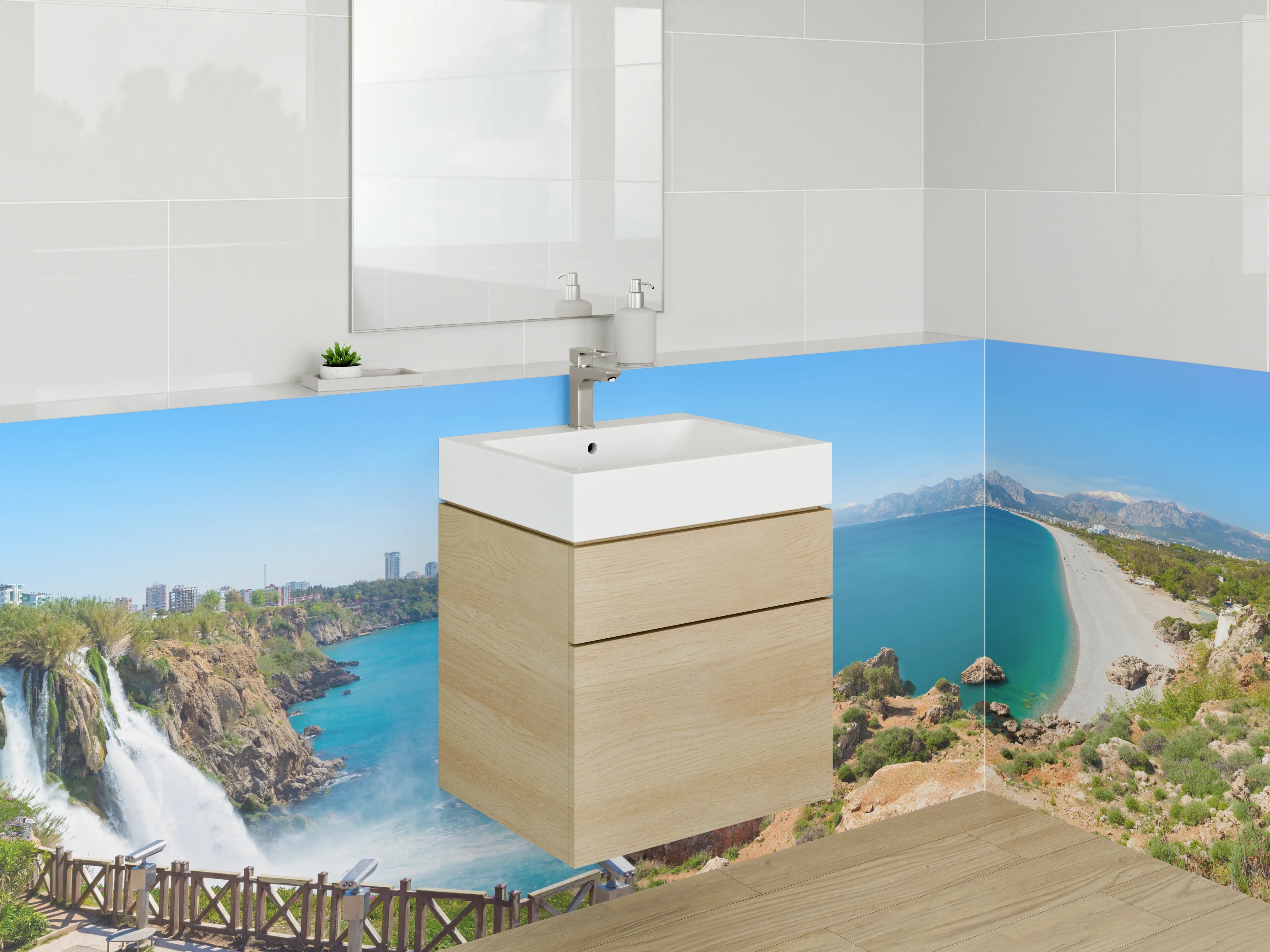 Waschbecken-Rückwand - Panorama Strand & Wasserfall Türkisblau