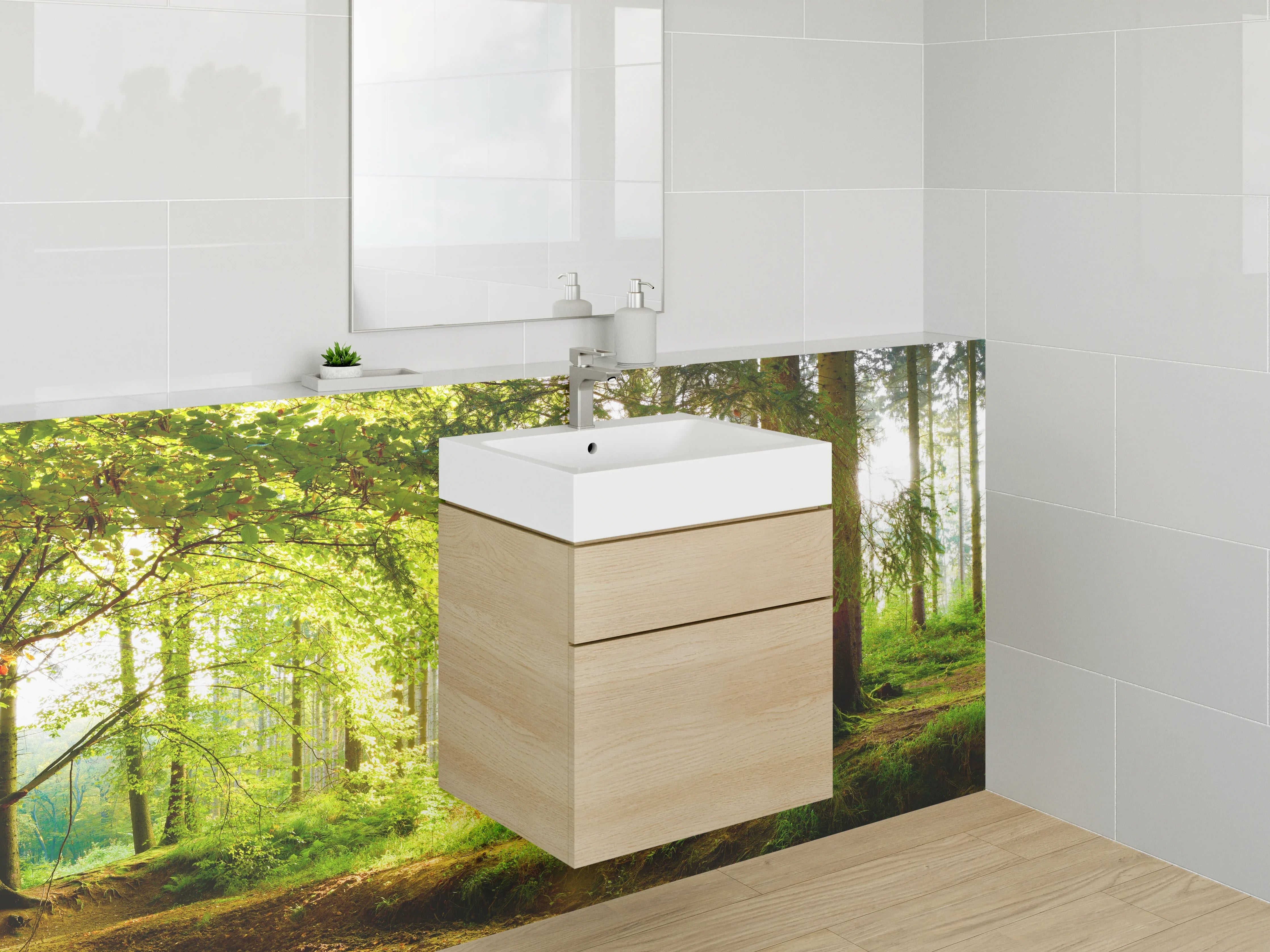 Waschbecken-Rückwand - Panorama Wald Sonnenstrahlen Natur