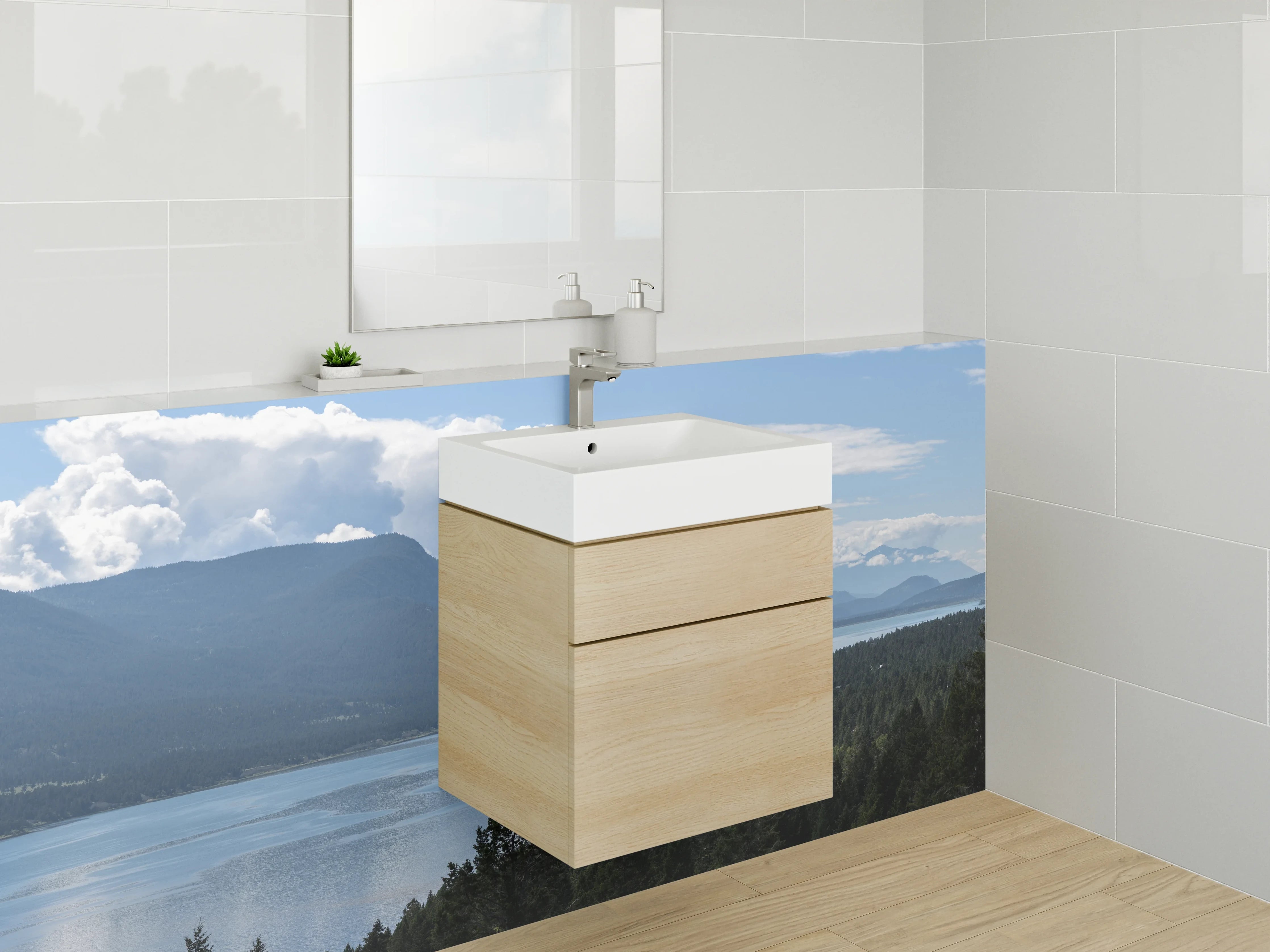 Waschbecken-Rückwand - Panorama mit Bergen und See