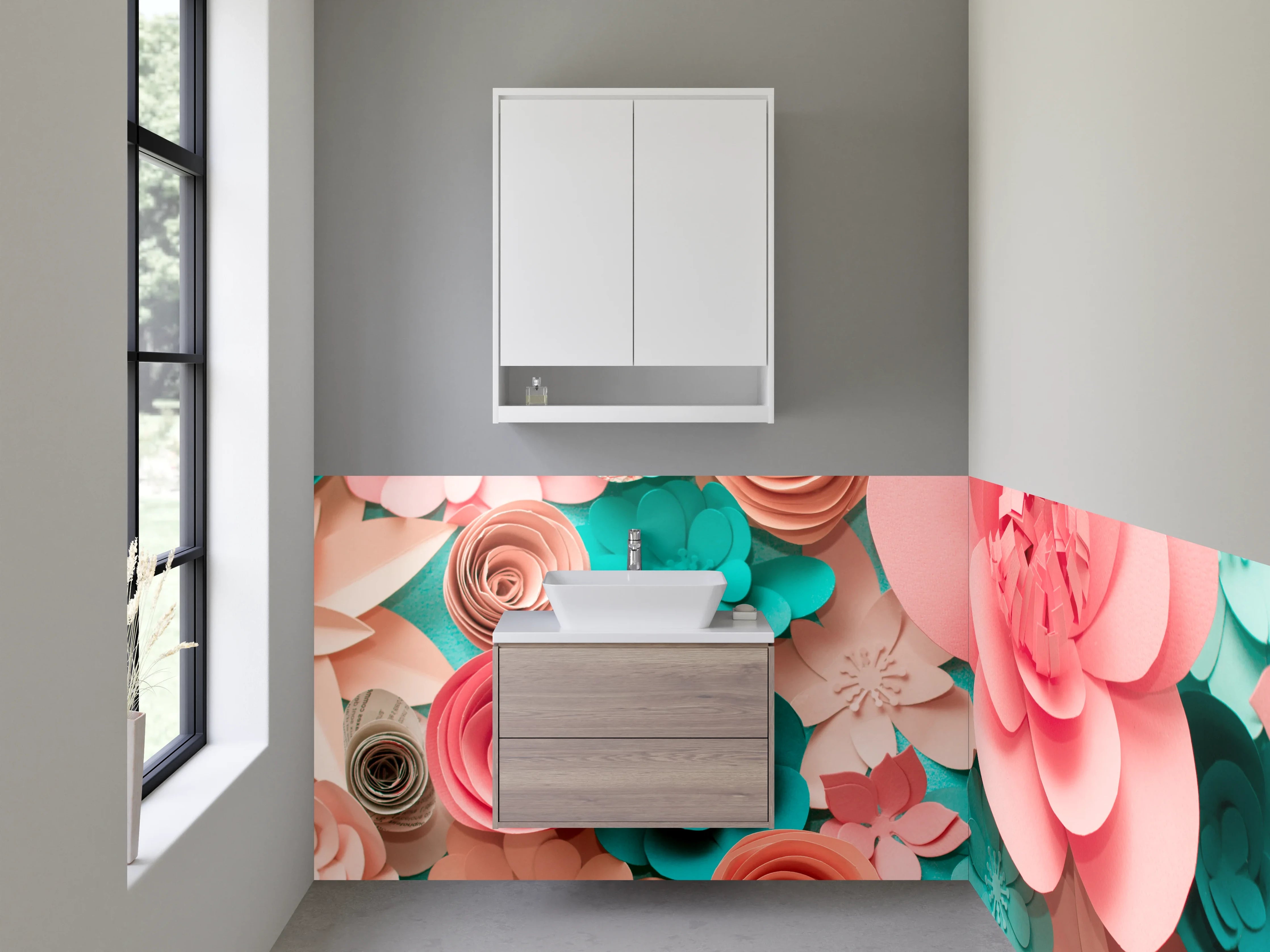 Waschbecken-Rückwand - Papierblumen Collage in Rosa und Türkis