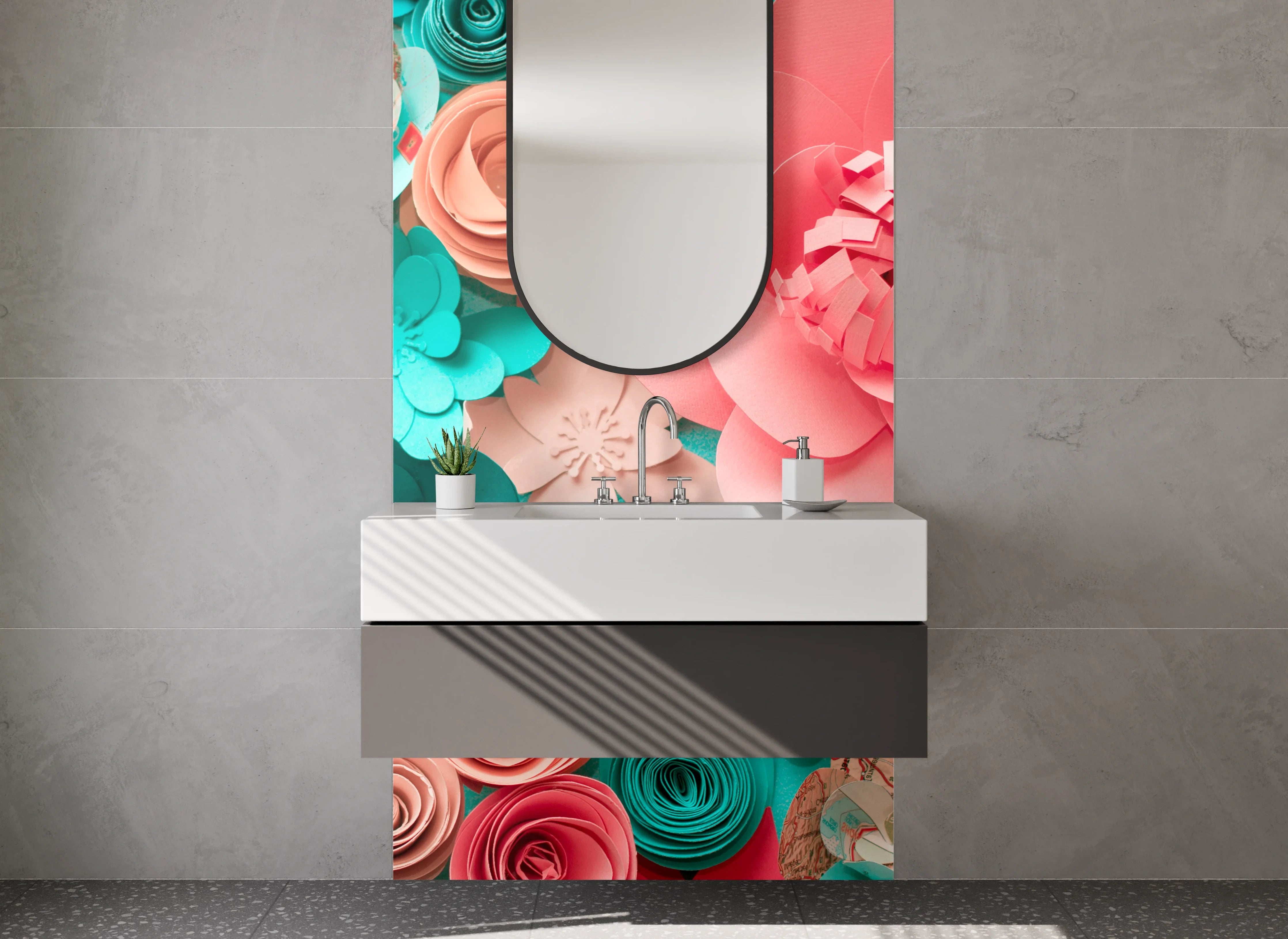 Waschbecken-Rückwand - Papierblumen Collage in Rosa und Türkis
