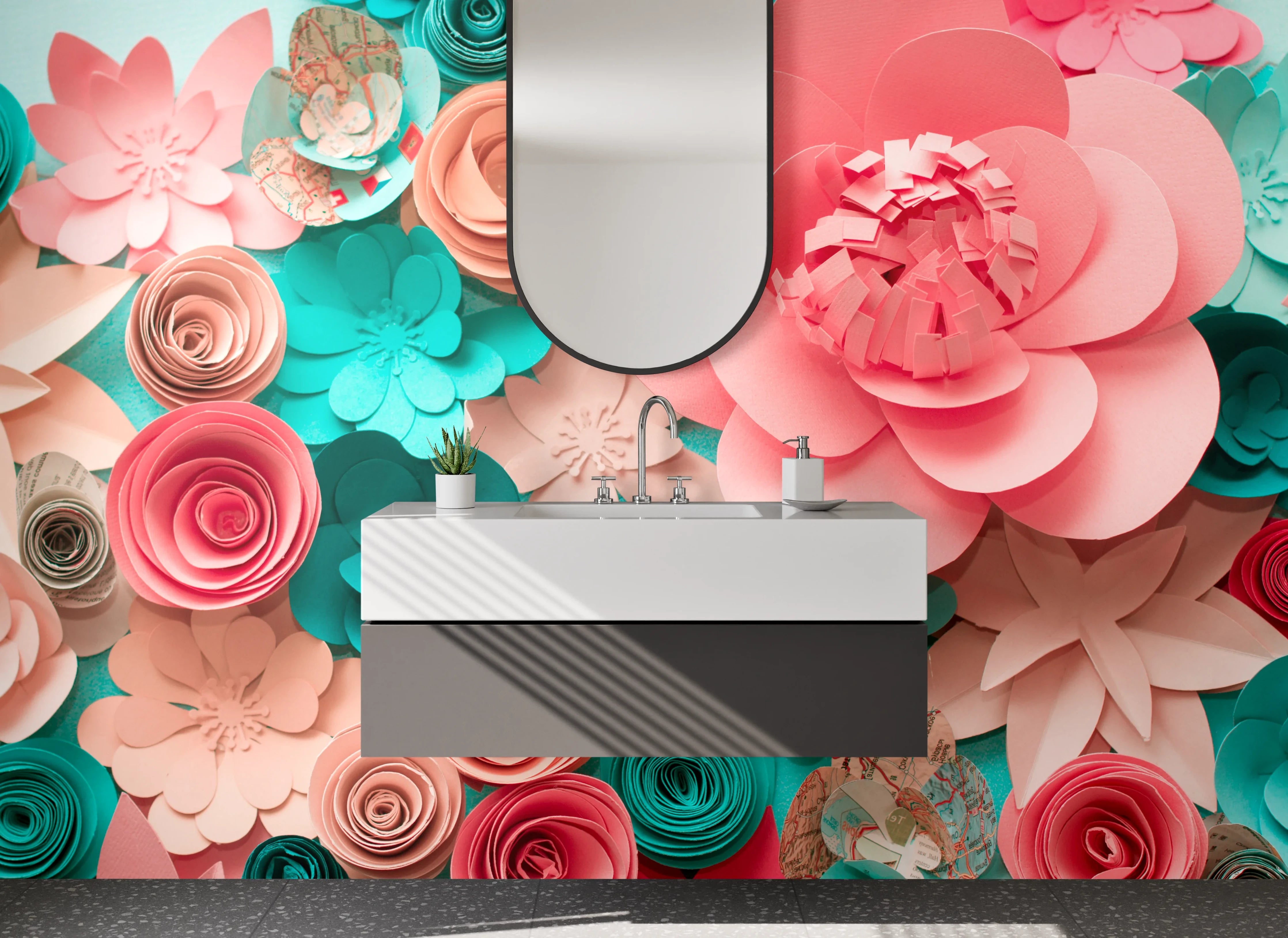 Waschbecken-Rückwand - Papierblumen Collage in Rosa und Türkis