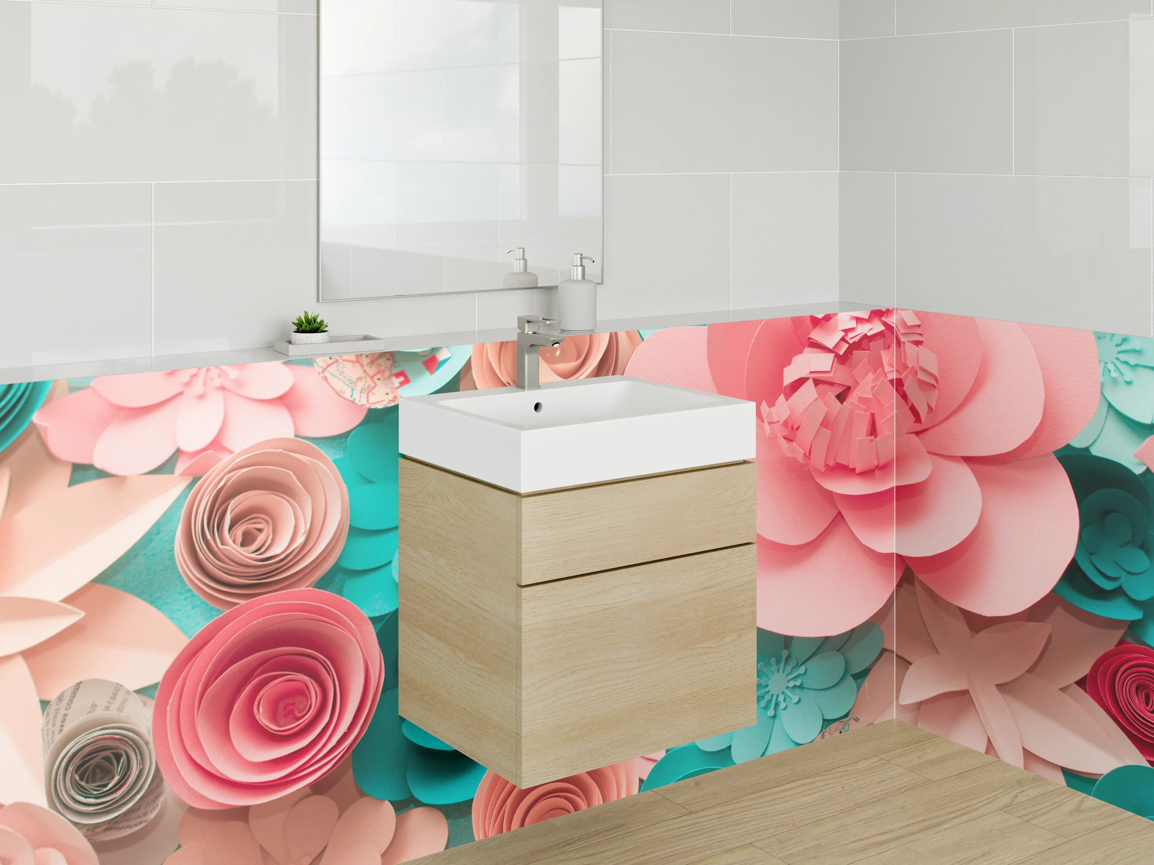 Waschbecken-Rückwand - Papierblumen Collage in Rosa und Türkis